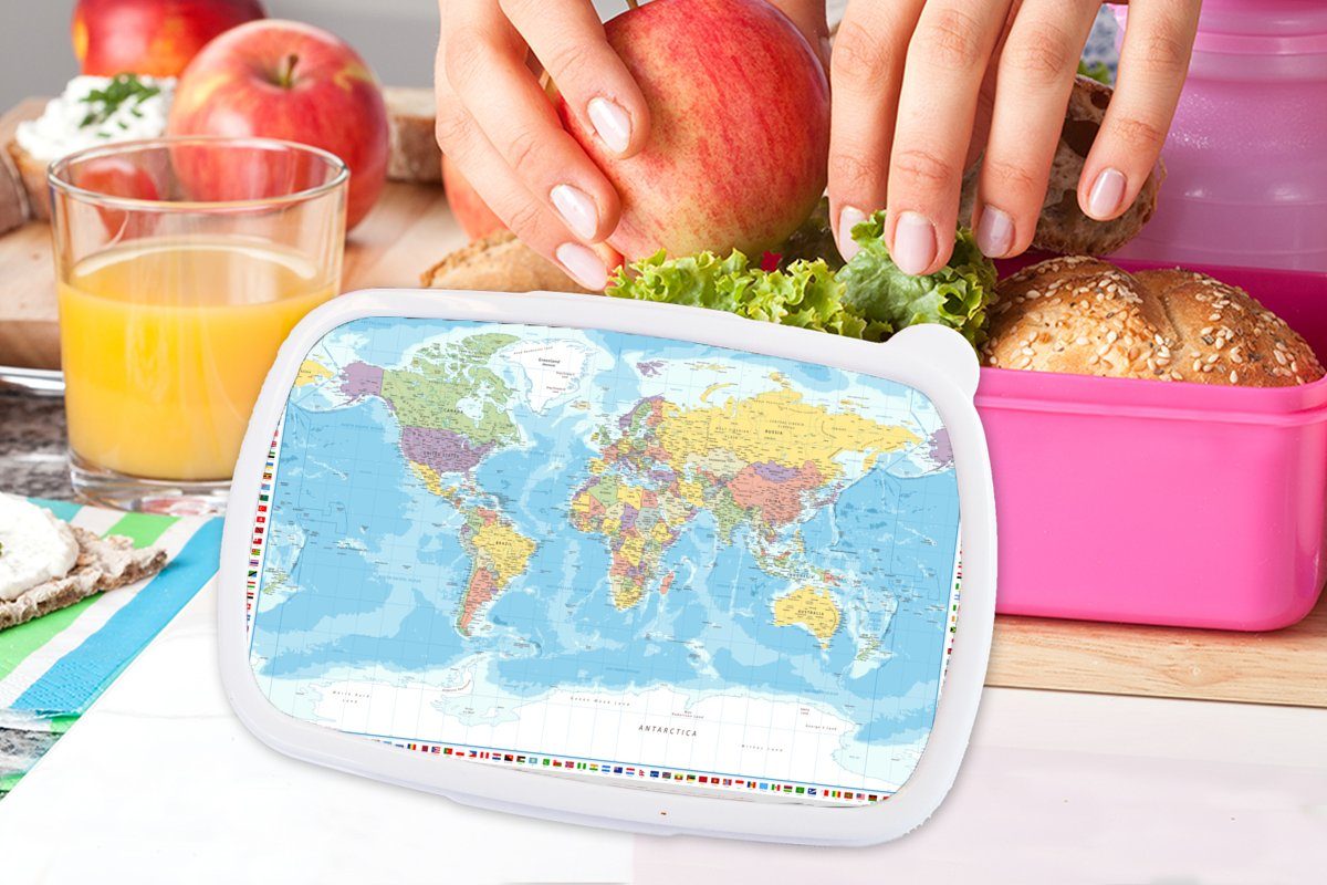 Kunststoff, für Lunchbox Mädchen, Kinder, Weltkarte Flagge Politik, - MuchoWow Brotbox (2-tlg), Kunststoff rosa Snackbox, Brotdose - Erwachsene,