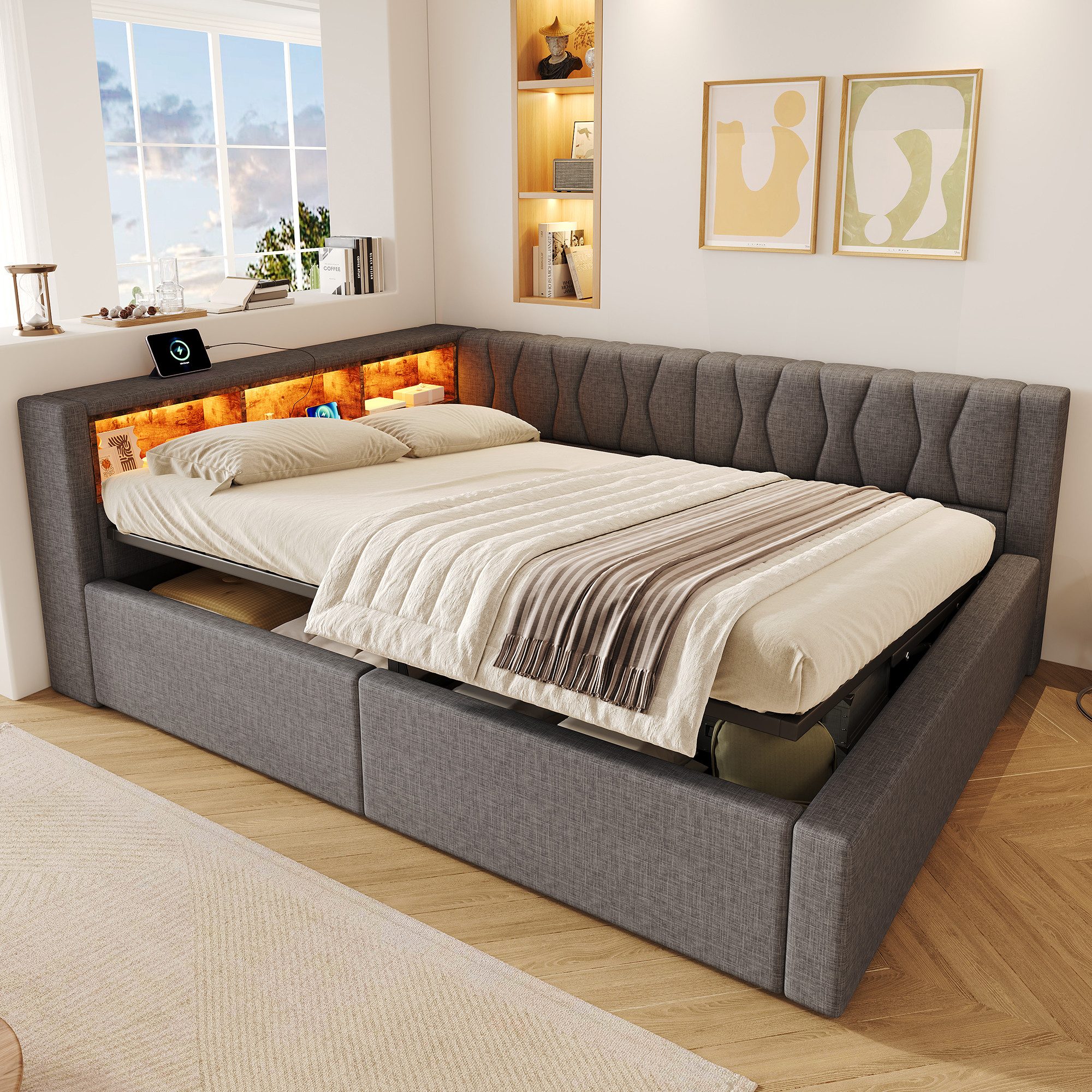SOFTWEARY Schlafsofa mit RGB LED-Streifen und Stauraum, mit Lattenrost, Regal, Rückenlehne, Aufbewahrung, Type-C und USB, Polsterbett, Einzelbett, Tagesbett, Daybett, 140x200 cm, Leinen