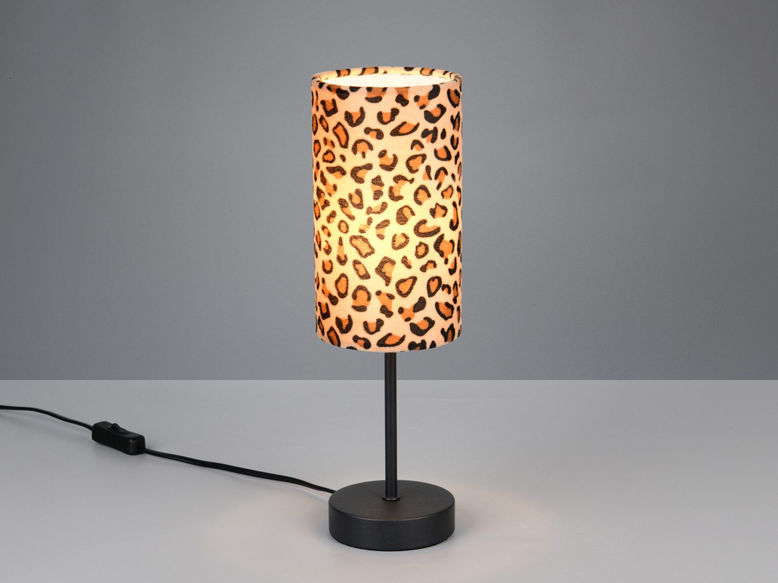 Reality Leuchten LED Nachttischlampe mit Stoffschirm Leopardenmuster H 36,5cm, Dimmfunktion, LED wechselbar, warmweiß, ausgefallen-e coole besondere Tischlampe Fensterbank Jugendzimmer