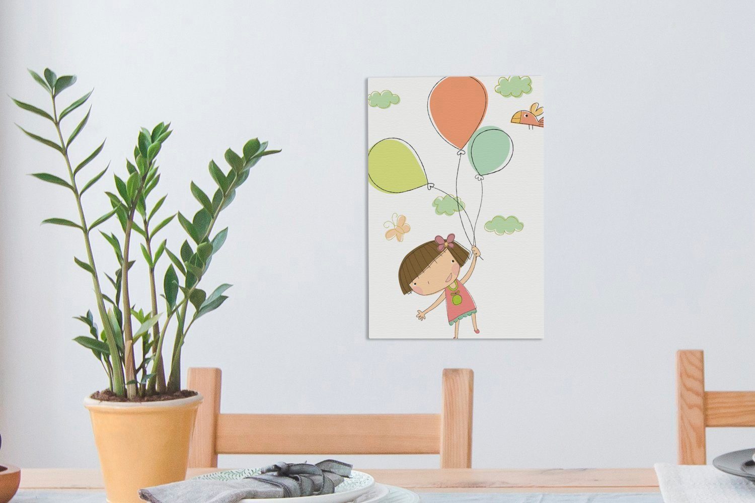 eines 20x30 mit inkl. Mädchens Zackenaufhänger, Leinwandbild gezeichnete St), Gemälde, Luftballons, Eine cm (1 fertig bespannt OneMillionCanvasses® Illustration Leinwandbild