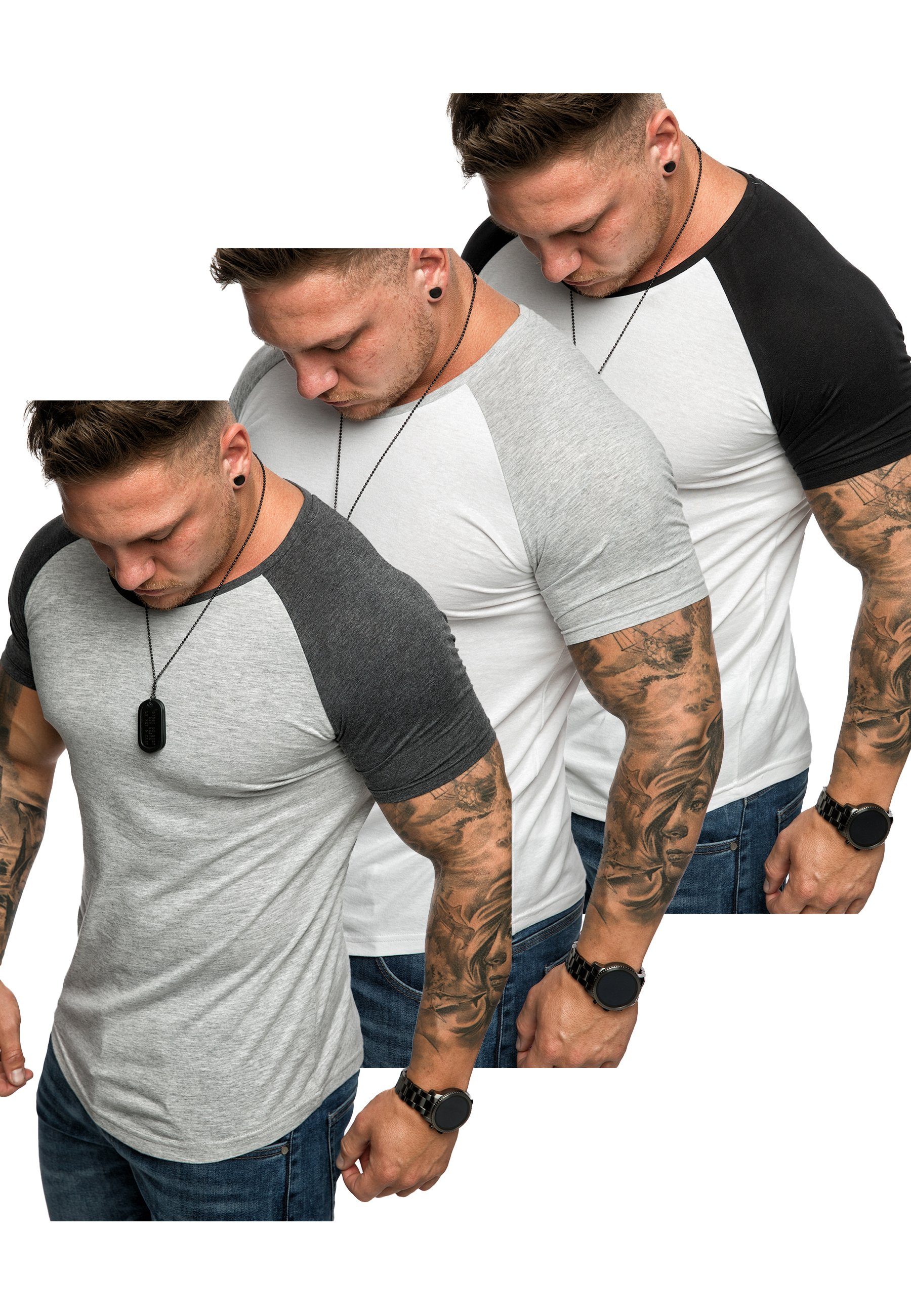 Amaci&Sons T-Shirt 3. OMAHA 3er-Pack T-Shirts (3er-Pack) Herren Basic Oversize Kontrast Raglan T-Shirt (Weiß/Schwarz + Weiß/Grau + Grau/Anthrazit)