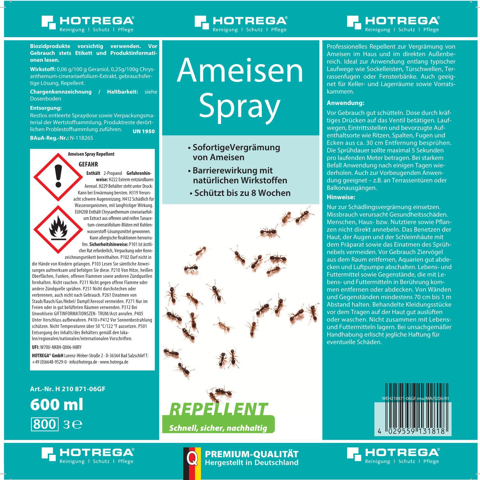 HOTREGA® Vergrämungsmittel Ameisen Spray Repellent 600 ml, für innen und außen, gebrauchsfertig, 0.6 l
