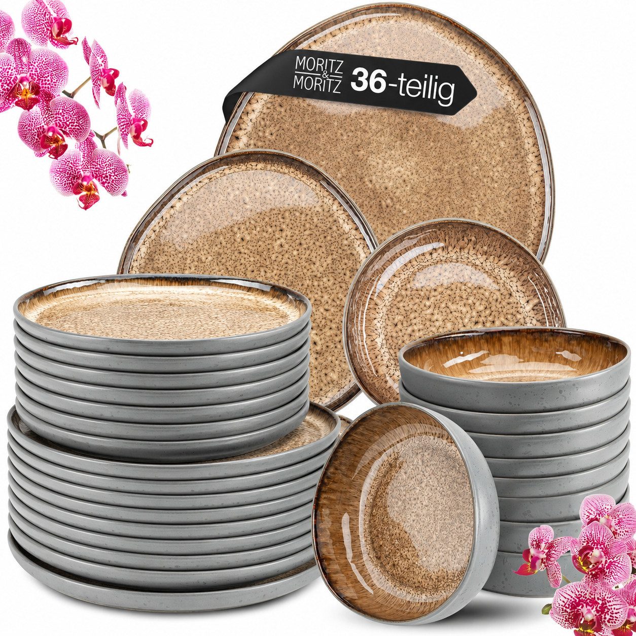 Moritz & Moritz Kombiservice ORGANIC Beige Geschirrset für 36tlg (36-tlg), 12 Personen, Steinzeug, Kombigeschirr für 12 Personen