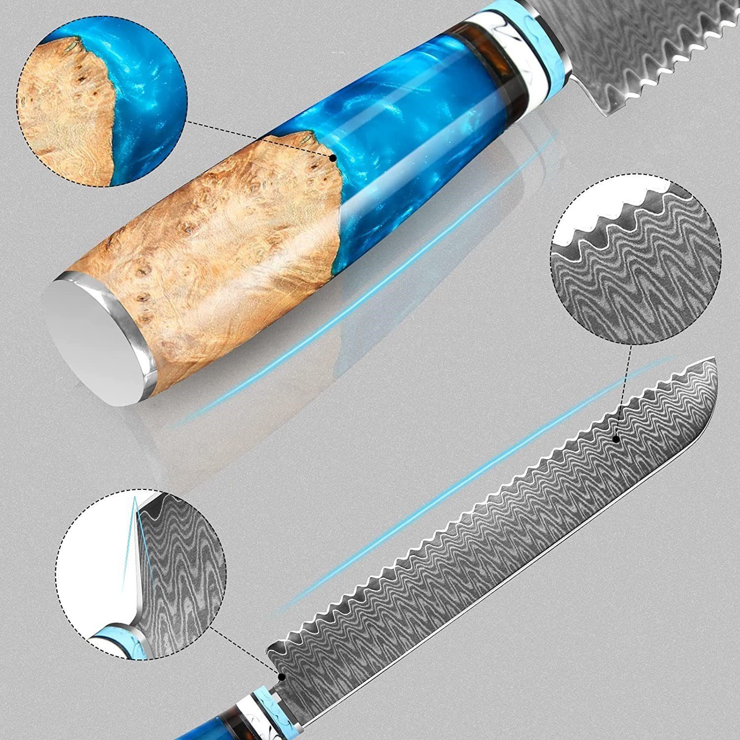 KingLux Damastmesser Küchenmesser Damaszener Stahl Santoku Brot Hackmesser