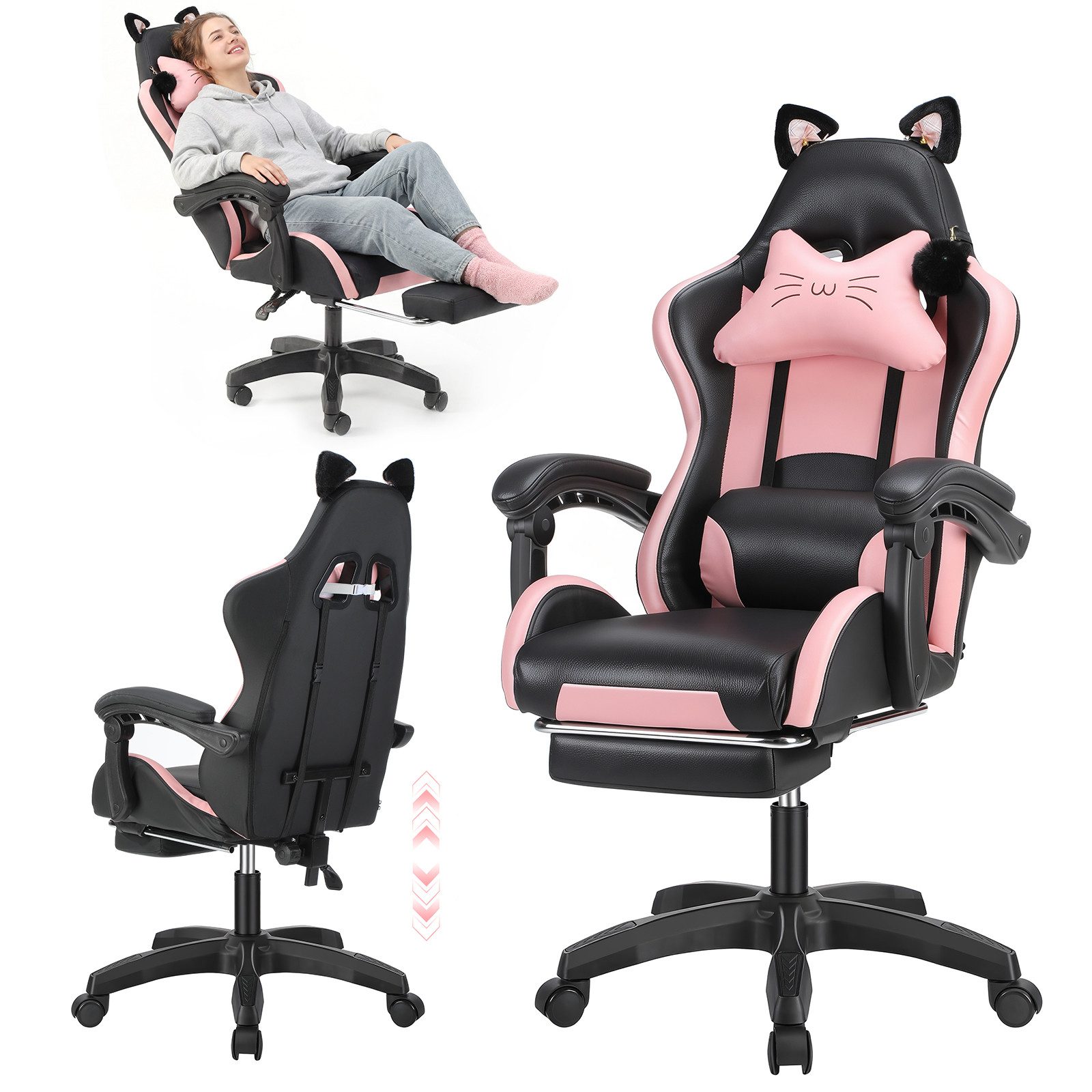 oyajia Gaming-Stuhl Bürostuhl Ergonomisch mit Kopfstütze und Katzenohren, PU-Leder (Gamer Stuhl, Racing Computerstuhl PC Stuhl mit Fußstütze Kopfstütze, 1 St), 115-125cm verstellbare Sitzhöhe, mit Lendenwirbelstütze