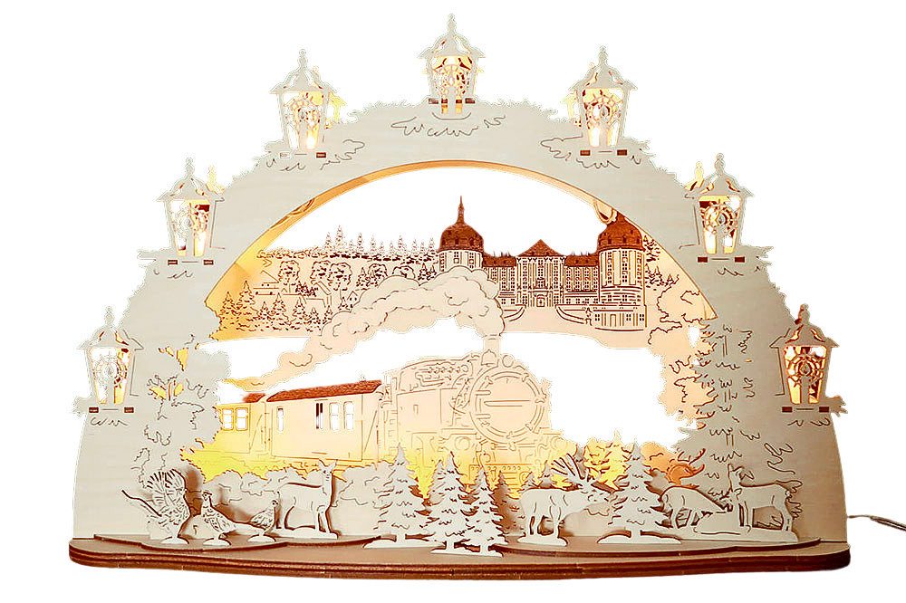 DeColibri LED Schwibbogen 3D LED Schwibbogen Dresden Moritzburg Schloss Kleinbahn -mit Netzkabel, Holzkunst aus Sachsen, beleuchtet