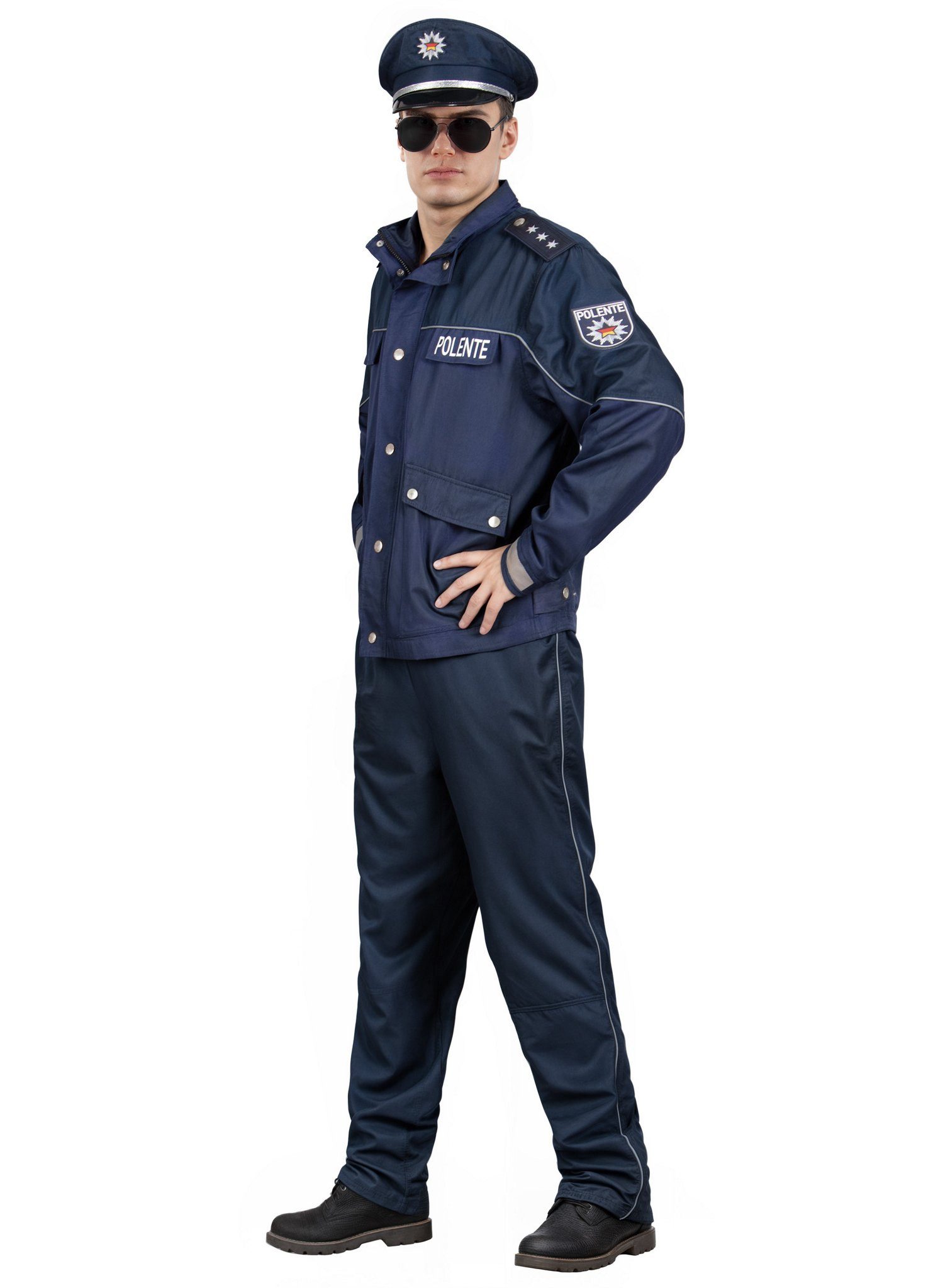 Maskworld Polizei-Kostüm Polizei Kostüm - Karneval Faschingskostüm Herren, Blaue Polizisten Uniform mit Aufdruck 'Polente'