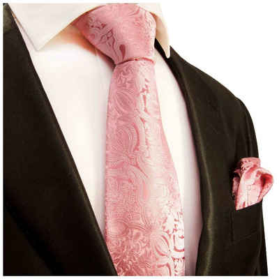 Paul Malone Krawatte Seidenkrawatte und Tuch Herren Schlips modern barock floral 100% Seide (Set, Krawatte mit Einstecktuch) Breit (8cm), rosa pink 366
