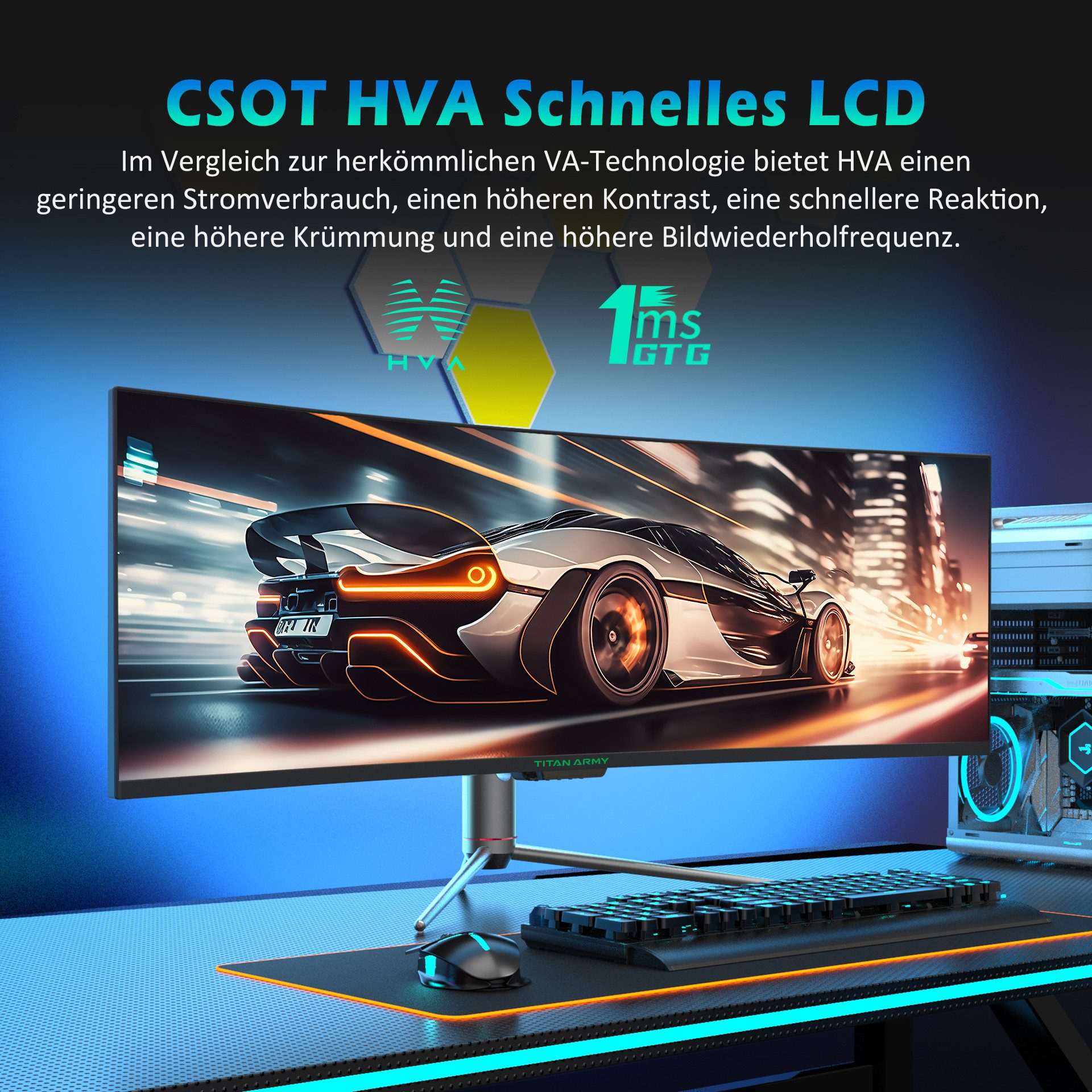 TITAN ARMY C49SHC CSOT HVA Curved-Gaming-Monitor (3840x1080 px, HD, 1 ms Reaktionszeit, 144 Hz, CSOT HVA Fast LCD, 1800R, Smart PlP/PBp Split Screen, 32:9, 144Hz,DFHD 3840x1080)