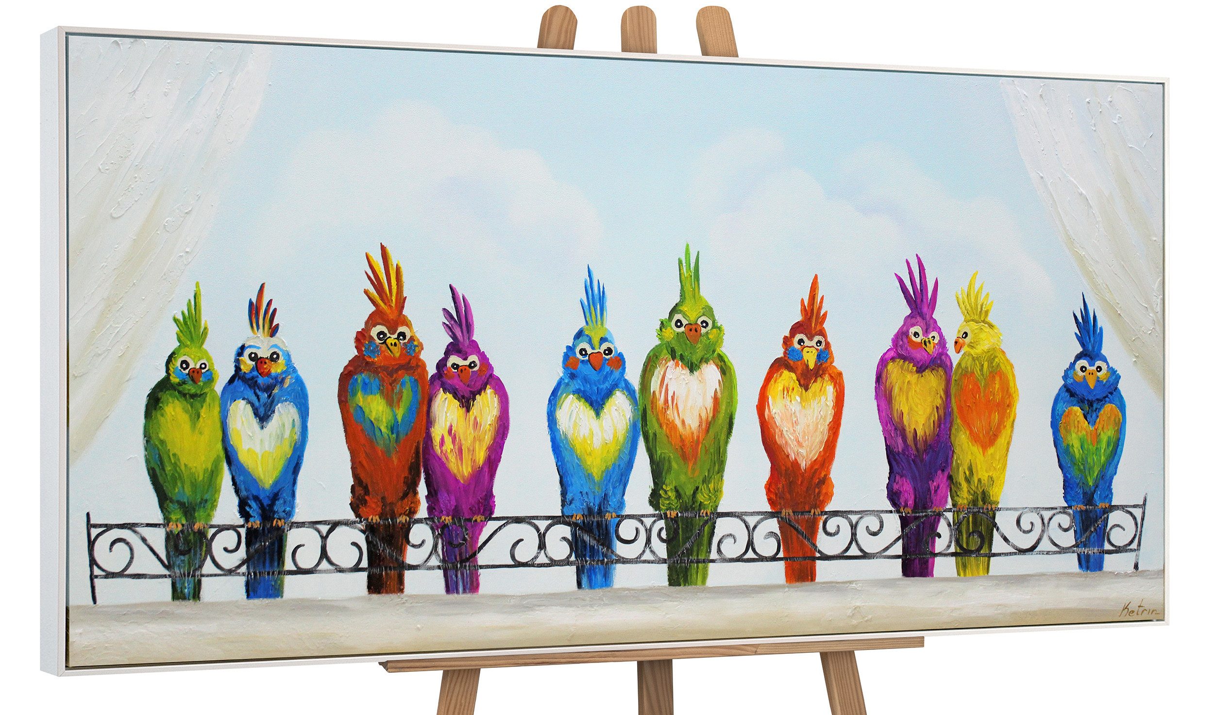 YS-Art Gemälde Lustige Vögel, Tiere, Papagei auf Leinwand Bild Handgemalt Bunte Lustige Vögel