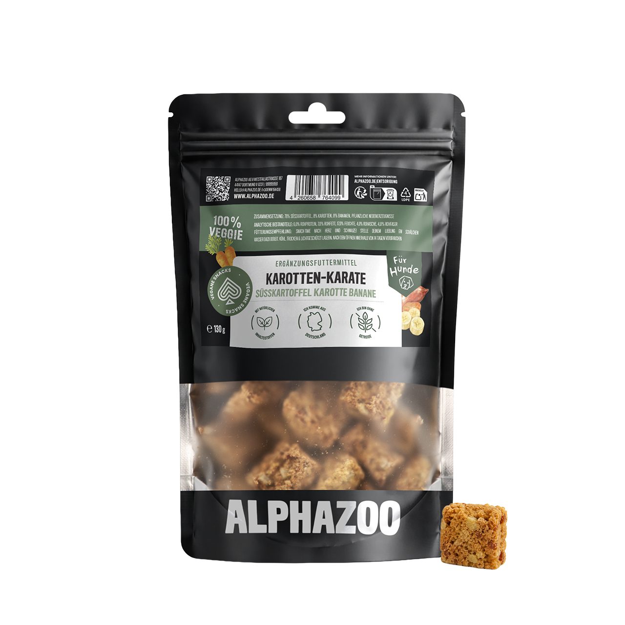 ALPHAZOO Karotten-Karate 130g, Vegetarische Hundeleckerli ohne Zuckerzusatz, Sna