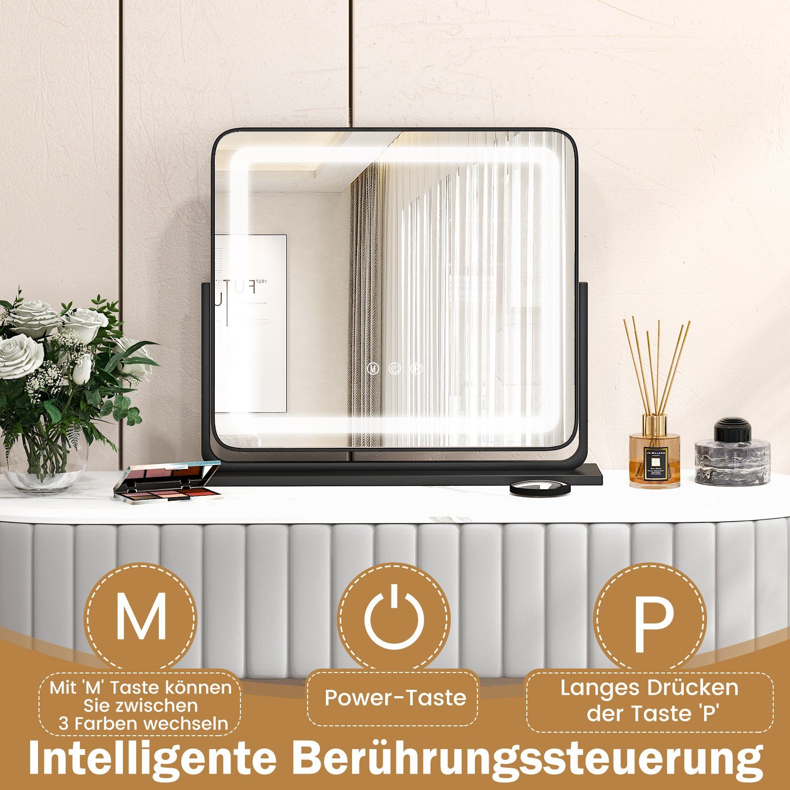 COSTWAY Schminkspiegel, mit 3 dimmbarer Lichtfarben, 5X Vergrößerung, 360°