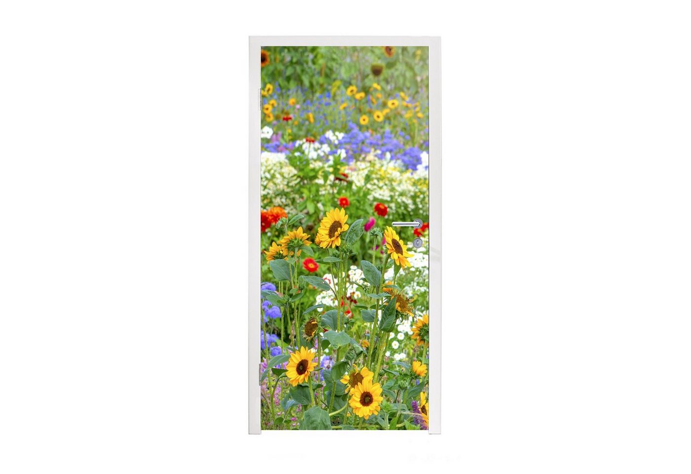 MuchoWow Türtapete Ziergras mit verschiedenen Blumen, Matt, bedruckt, (1 St), Selbstklebende Tapete, Folie für Möbel, 75x205 cm
