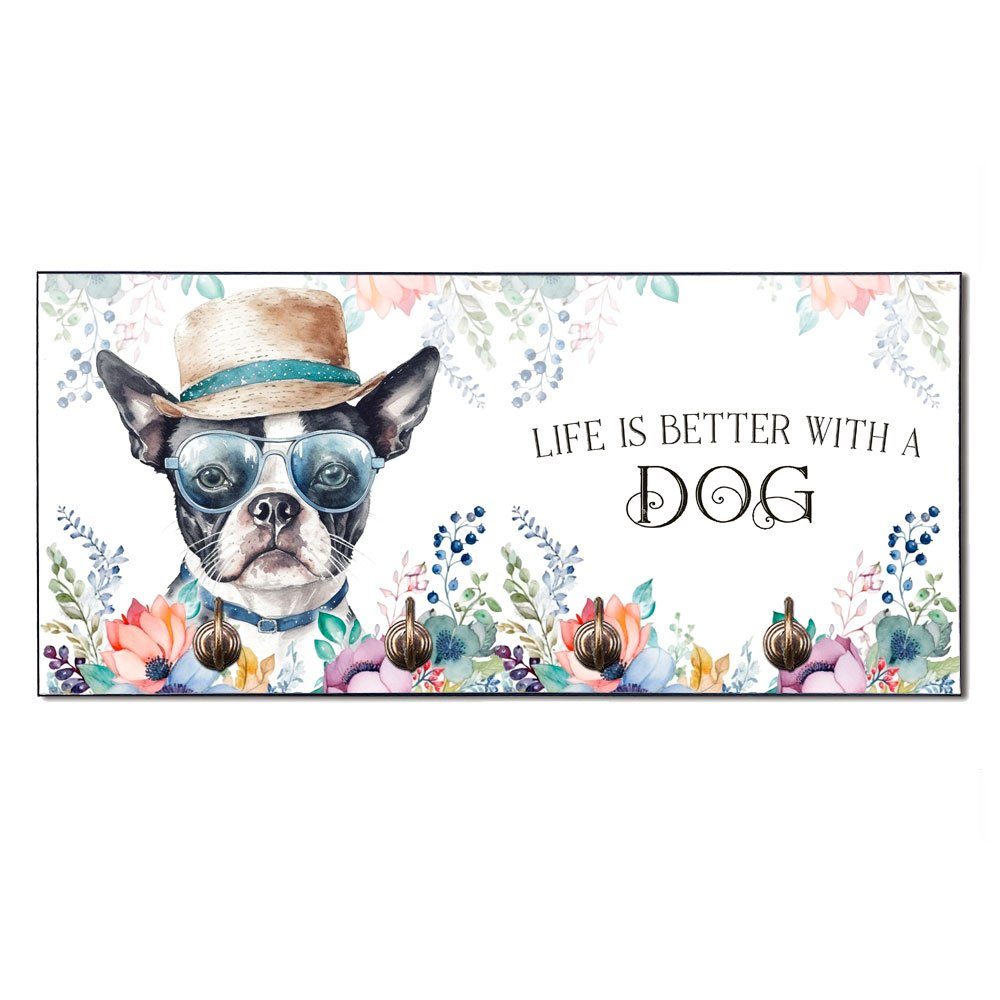 4 mit Cadouri Hundezubehör Hundebesitzer mit Hundegarderobe - (Garderobe Wandboard MDF, Ecken, handgefertigt, Wandgarderobe BOSTON TERRIER für abgeschrägten für Haken),