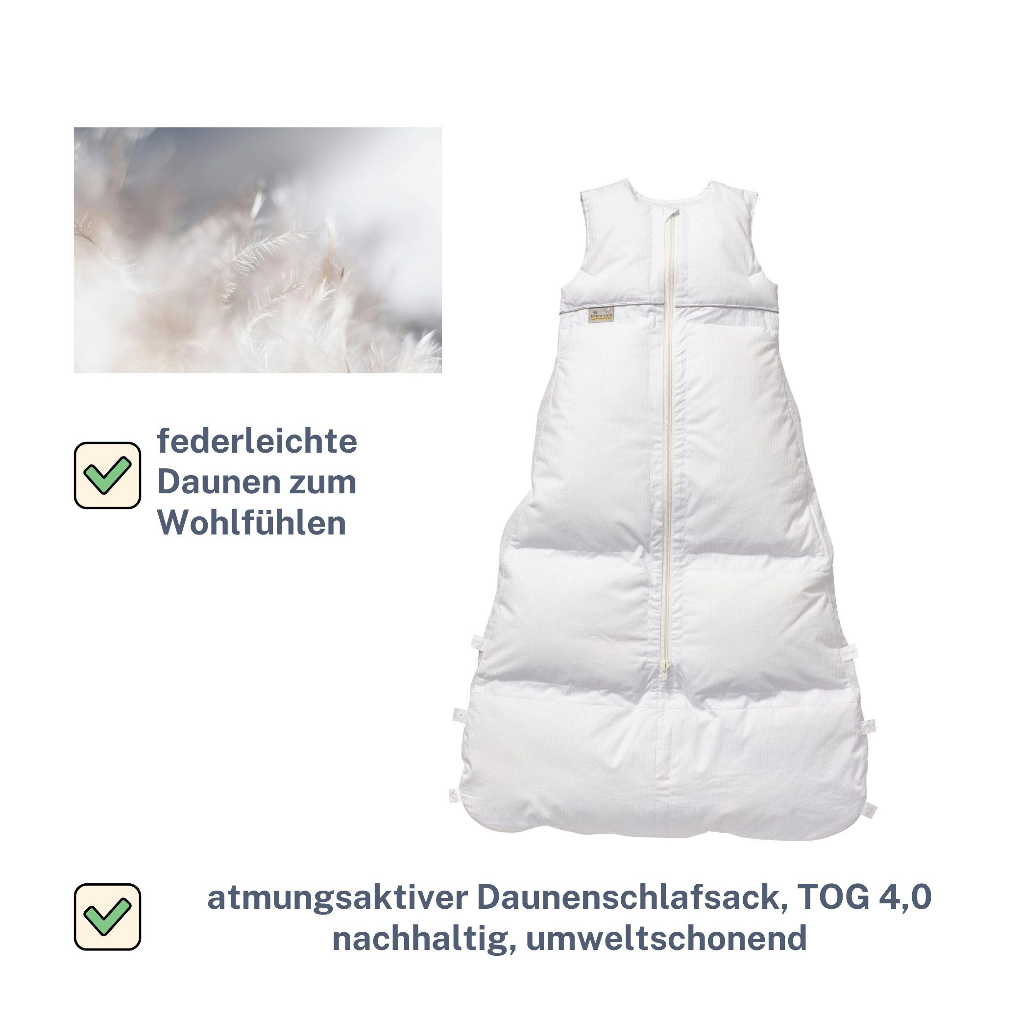 Kinderhaus Blaubaer Babyschlafsack Daunenschlafsack TOP, 3-fach längenverstellbar mit Premiumdaunen luftig leicht atmungsaktiv