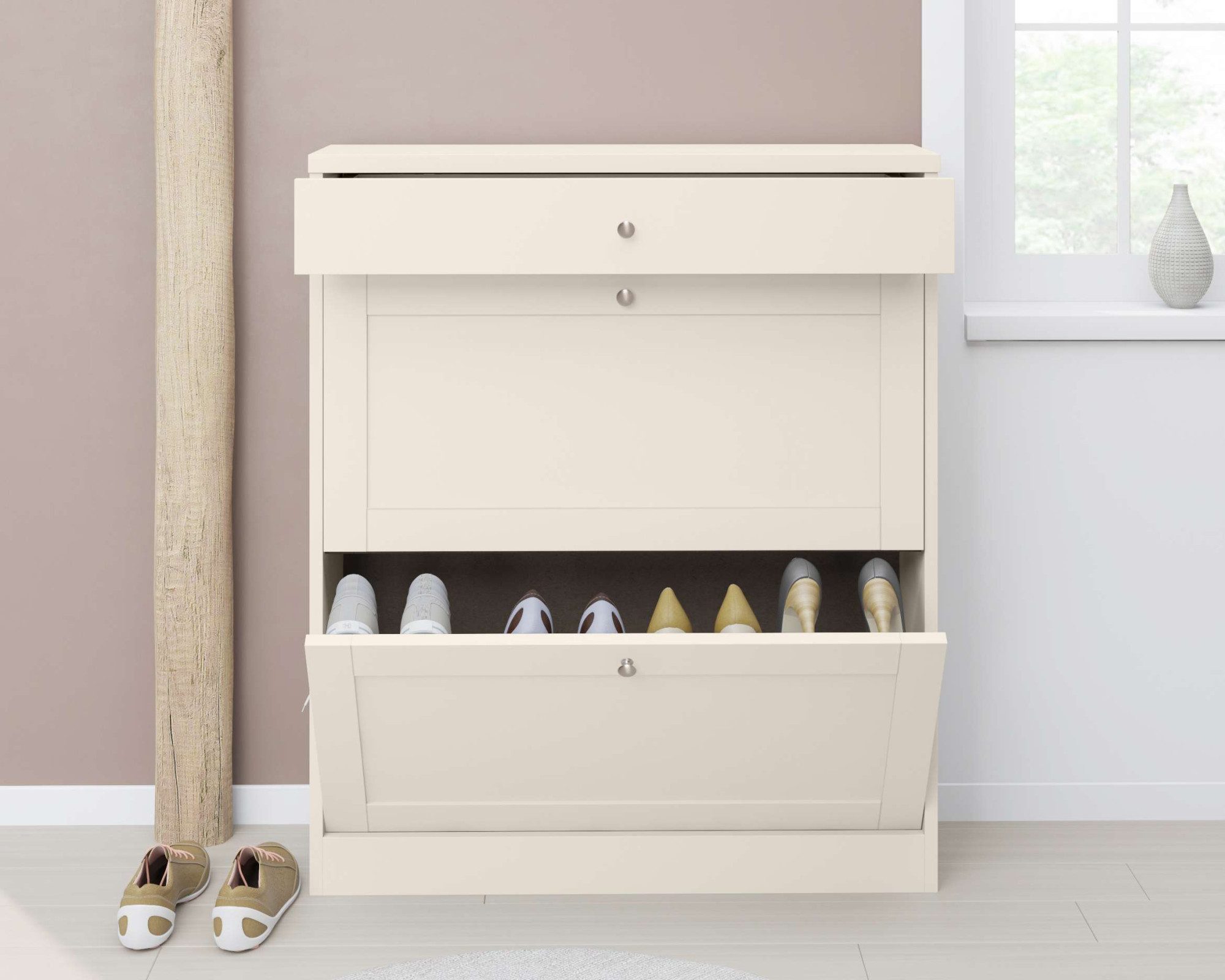 OTTO home Schuhschrank Heide Breite 90cm, mit Schubkasten, 2 Klappen und Facettenfront, Höhe 103cm – Bild 2 von 5