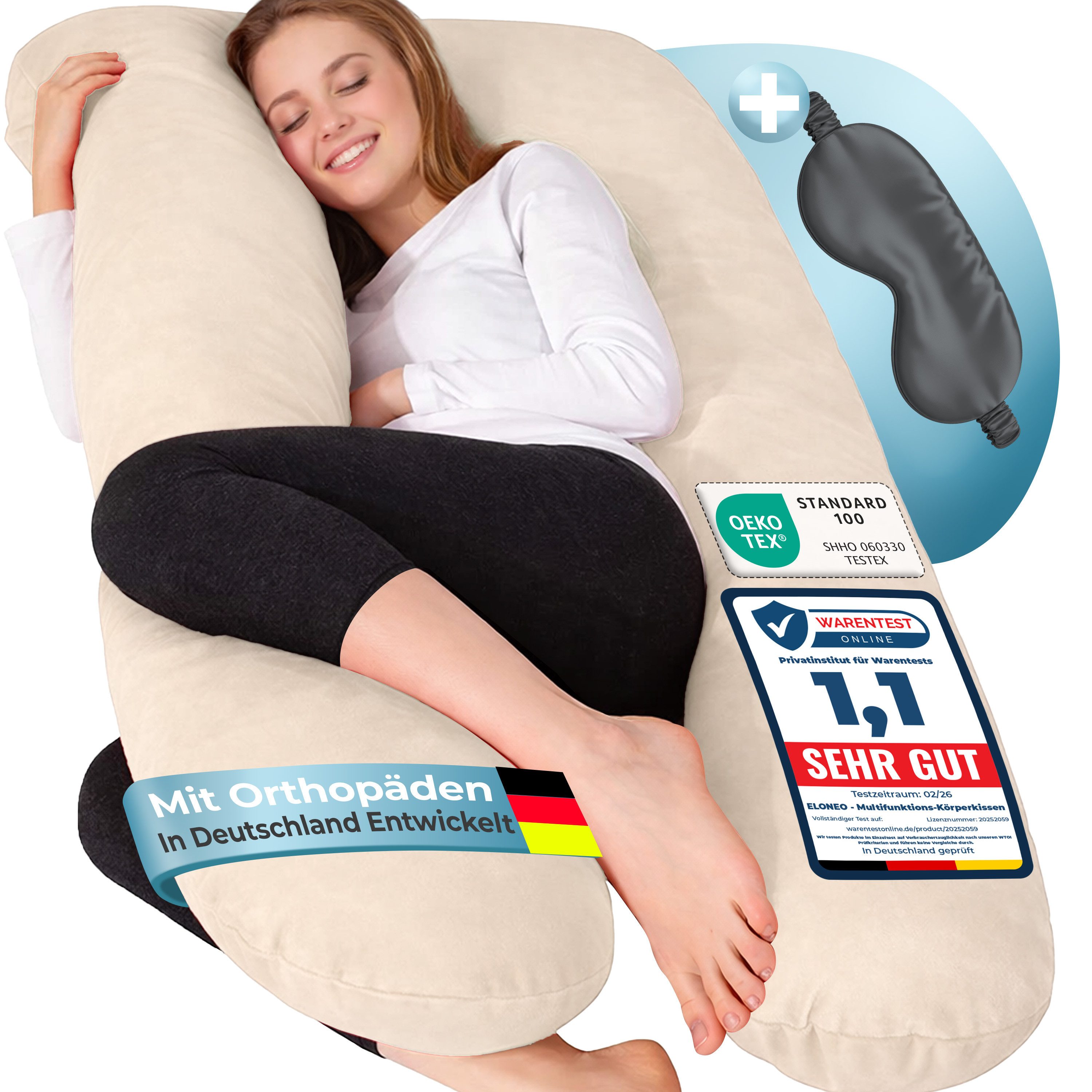 ELONEO Seitenschläferkissen XXL - Multifunktionskissen mit Bezug, formstabil, druckentlastend, bequem