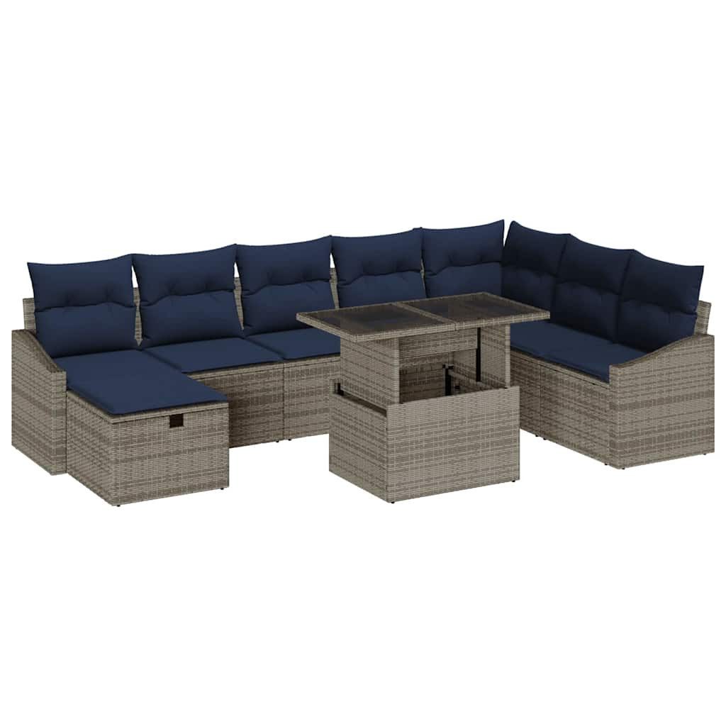 vidaXL Gartenlounge-Set Gartensofa-set mit Kissen 9 pcs Grau Poly-Rattan, (9-tlg)