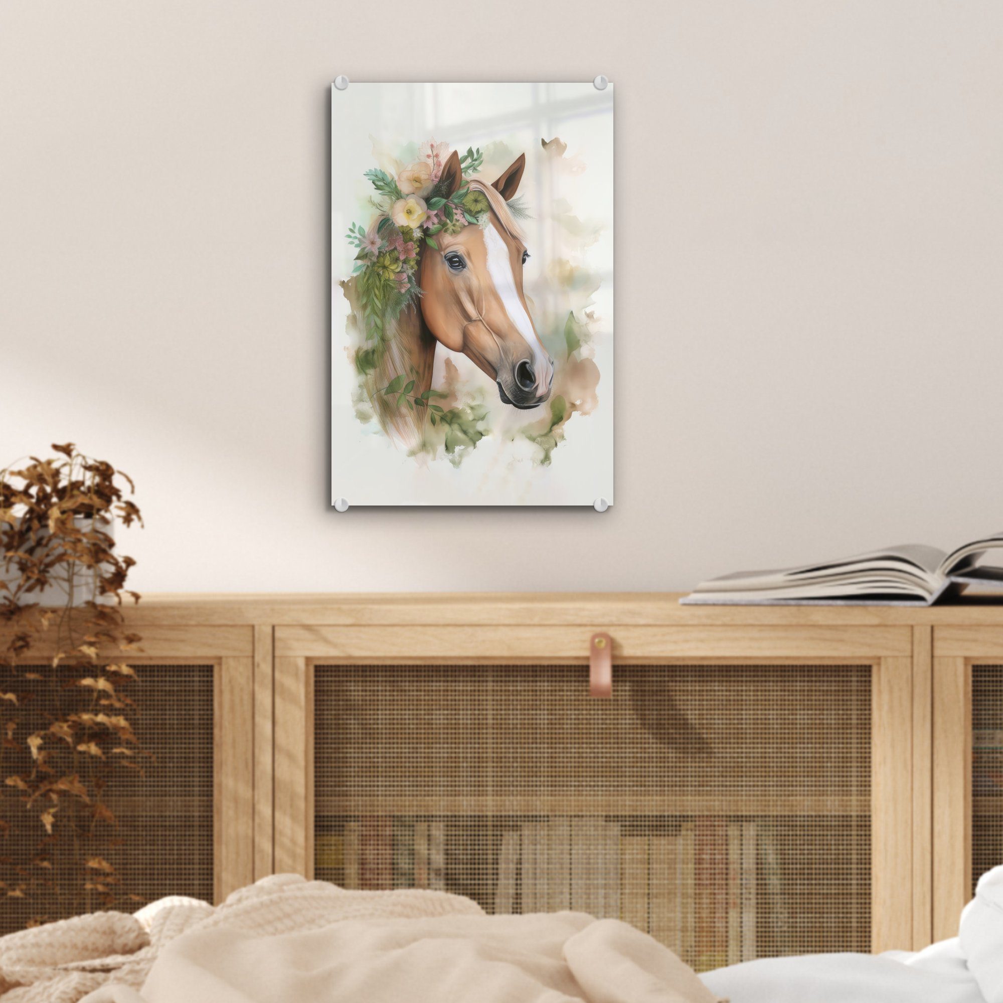 (1 - Aquarell auf - Glas Natur Glasbilder Foto - Tiere, Glas St), Wanddekoration Wandbild Pferd - - - MuchoWow Blumen Bilder - Acrylglasbild auf