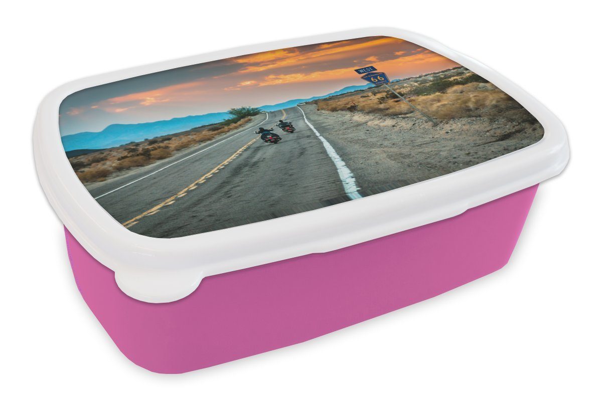 MuchoWow Lunchbox (2-tlg), Brotdose Route Zwei Kinder, für rosa Brotbox Snackbox, 66, auf Motorräder der Kunststoff, Kunststoff Mädchen, Erwachsene