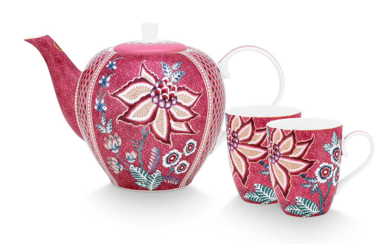PiP Studio Teeservice Flower Festival Teeset large dark pink Set3, Porzellan, Set/3 Tea Set Large Flower Festival Dark Pink