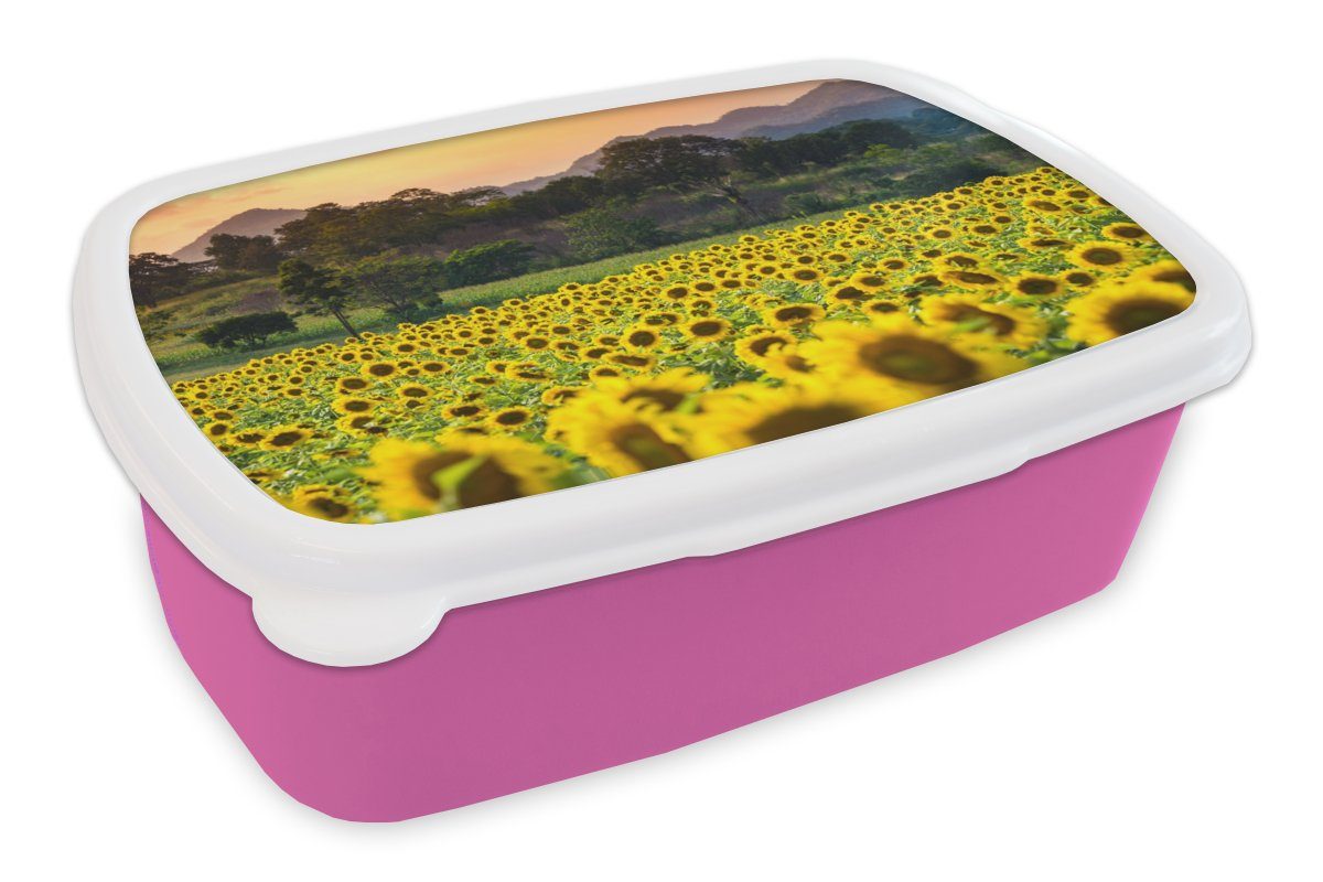 MuchoWow Lunchbox Sonnenblume - Natur - Berg, Kunststoff, (2-tlg), Brotbox für Erwachsene, Brotdose Kinder, Snackbox, Mädchen, Kunststoff rosa