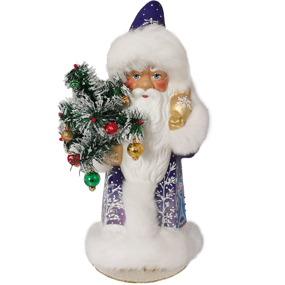 Schatzhauser Weihnachtsmann Väterchen Frost mit Gansfederbaum blau 40cm Pappmache (1 St), handbemalt