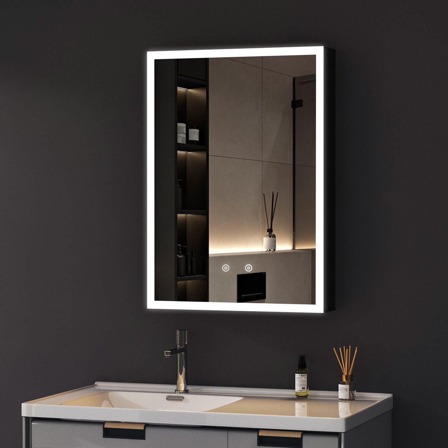 WDWRITTI Badspiegel Spiegelschrank mit beleuchtung Wandschrank Hängeschrank Schwarz (50x70cm, 1 türen, 3Lichtmodi, Dimmbar, Anti-fog, Alu-Schranktür, Doppelseitiger Spiegel), mit Netzadapter, IP44