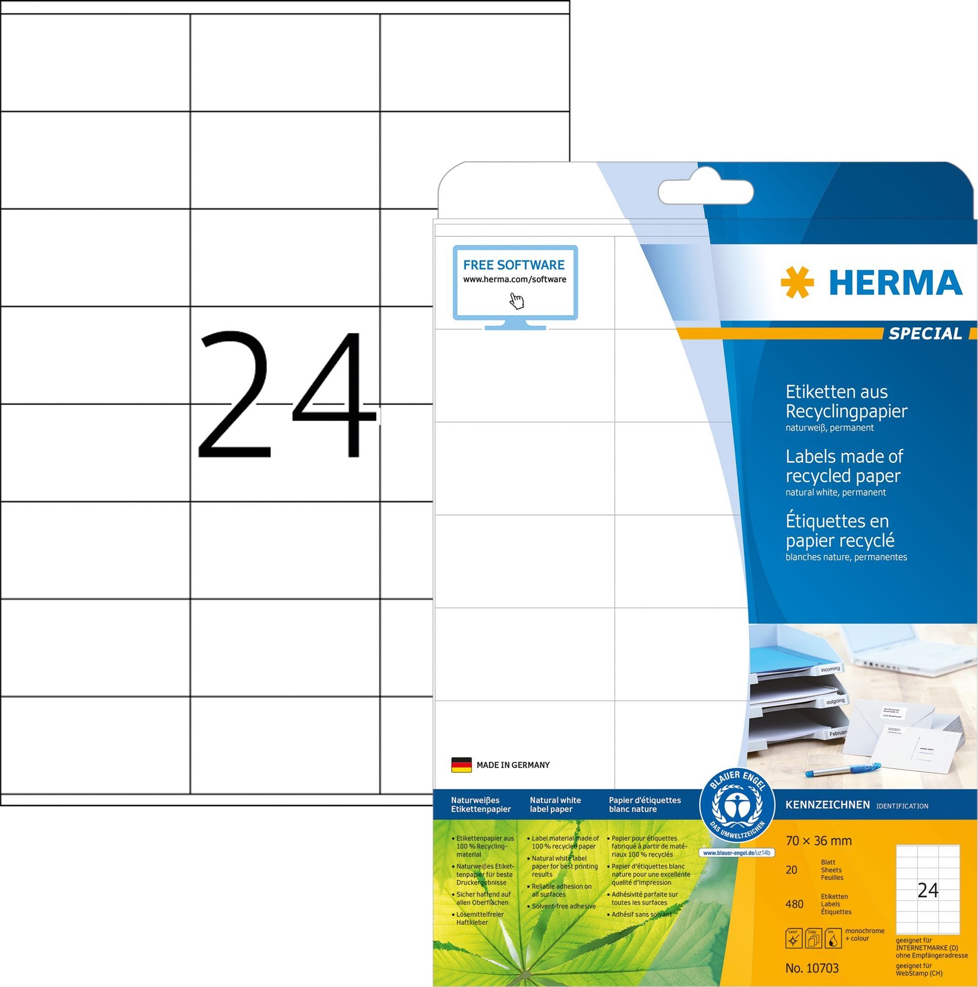HERMA Ярлыки Ярлыки Recyclingpapier A4 70x36mm weiß VE=20 Blatt/480 Stück
