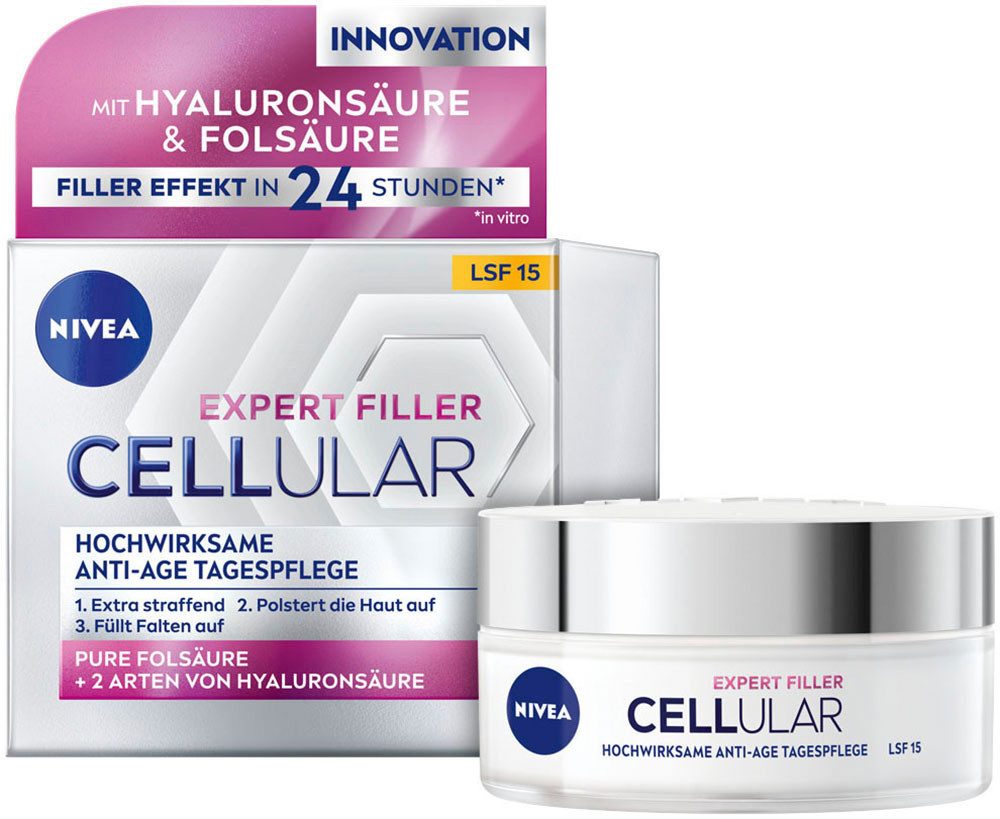 Nivea Tagescreme CELLULAR EXPERT FILLER TAGESPFLEGE LSF 15, mit Hyaluronsäure und Folsäure, LSF 15