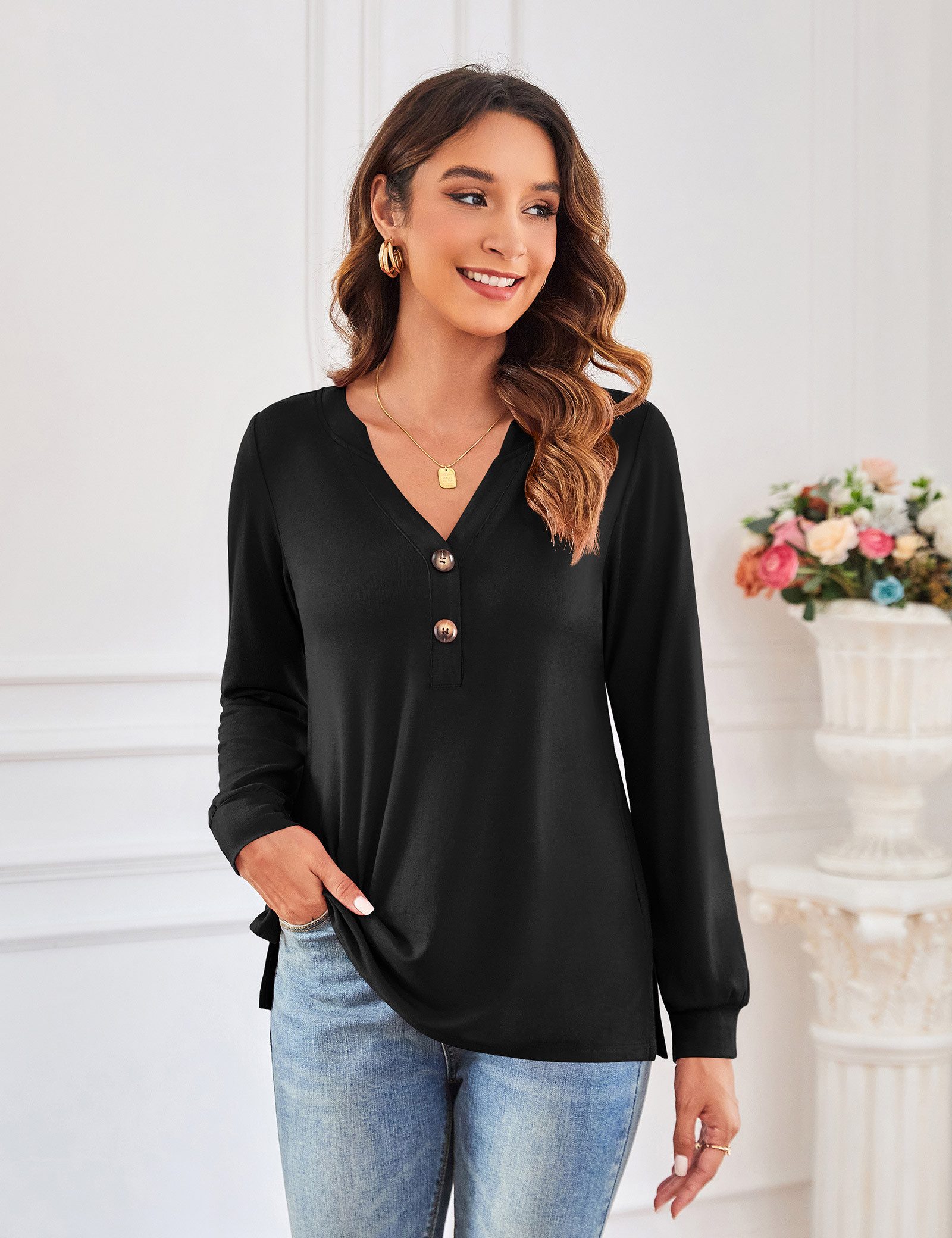 Beluring Langarmshirt Damen Langarmbluse Schwarz V-Ausschnitt günstig online kaufen