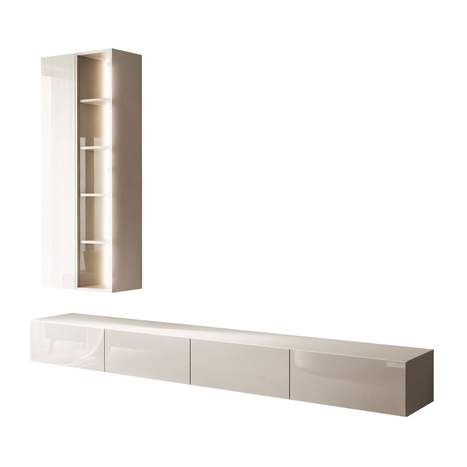 ALLHOUSE24 Wohnwand NOVELIA Hängende Schrankwand mit LED-Beleuchtung Kaschmir, (1x TV Schrank, 1x Vitrine), Fronten in Hochglanz, Breite 250 cm