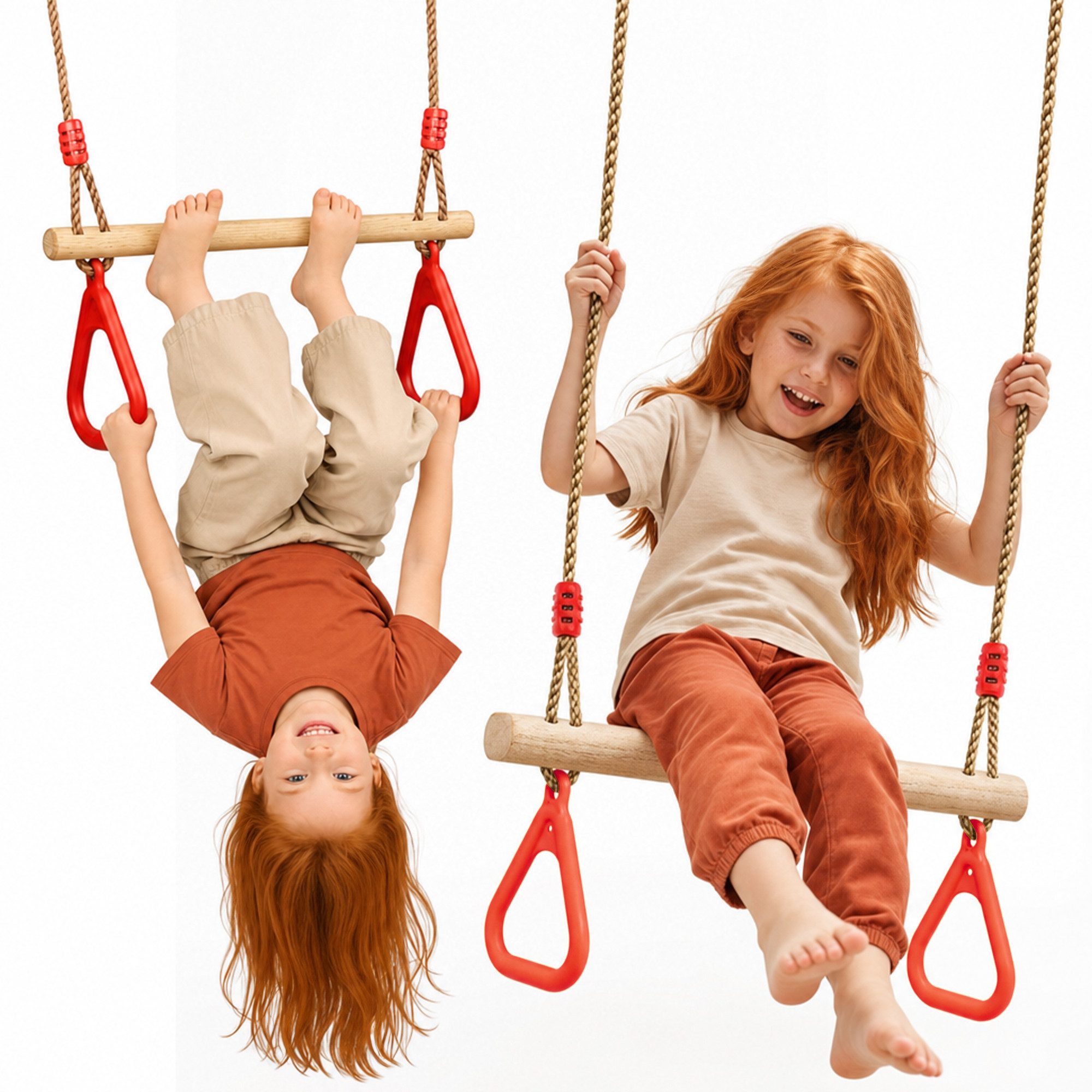 Goodevas Babyschaukelsitz Trapezstange mit Turnringen für Kinder – Holz-Schaukel, Höhenverstellbar 110–198 cm, für drinnen & draußen, einfache Montage