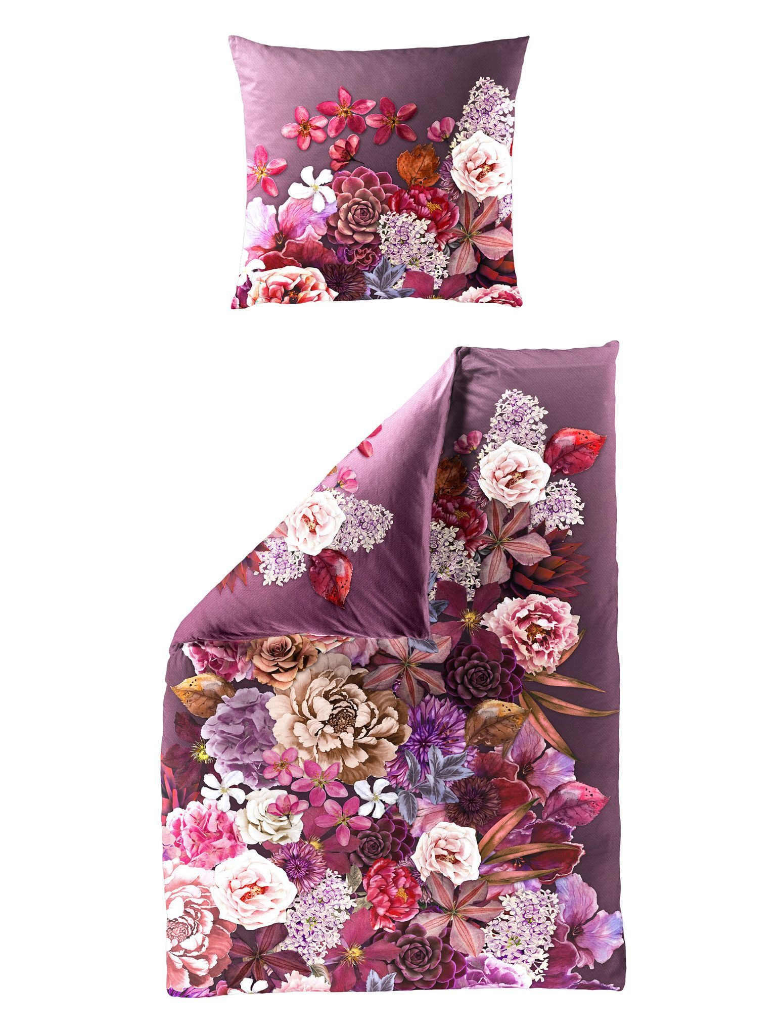 JACK Wendebettwäsche 135x200cm Digitaldruck Blumen Blüten Lila, Satin, 2 teilig, seidiger Glanz, elegantes Motiv in Violett
