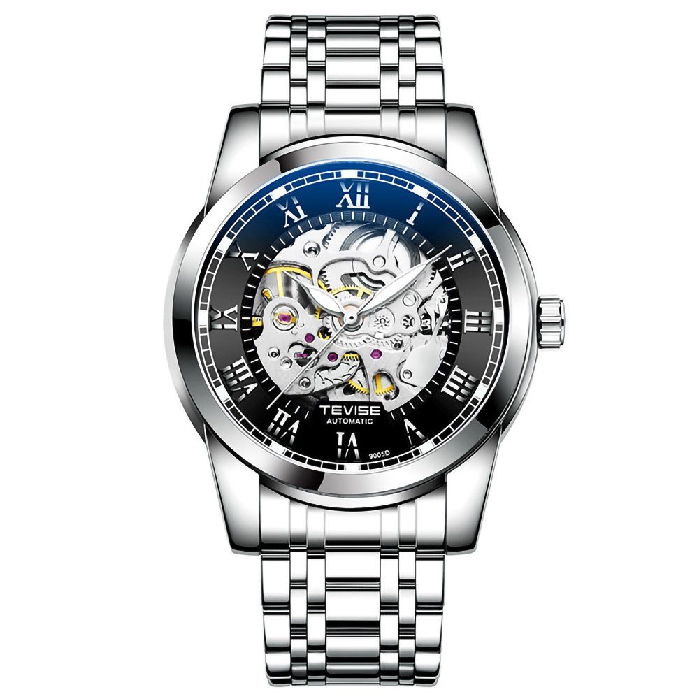 GelldG Uhr Uhr Automatik, mechanische Armbanduhr, Wasser- und Kratzfest, Herren Schwarz, Silber