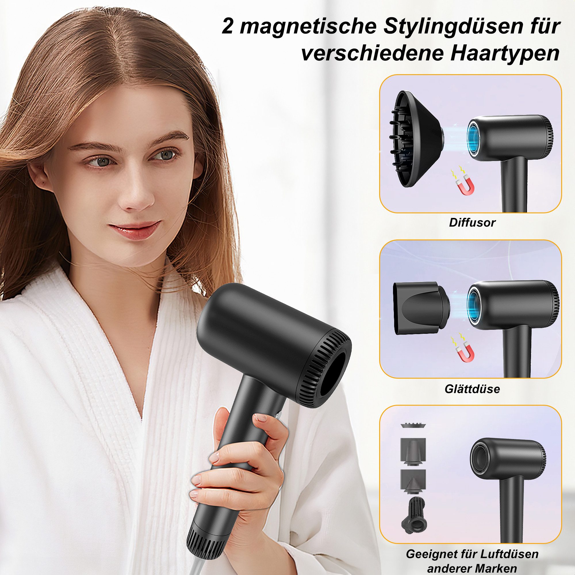Forrlite Haartrockner Hochgeschwindigkeits-Haartrockner,Föhn mit Diffusor, Stylingdüse &, 1600 W, Halterung, 4 Temperaturstufen, 3 Gebläsestufen, 180.000 U/min, Bürstenloser Motor, 200 Mio. Negative Ionen