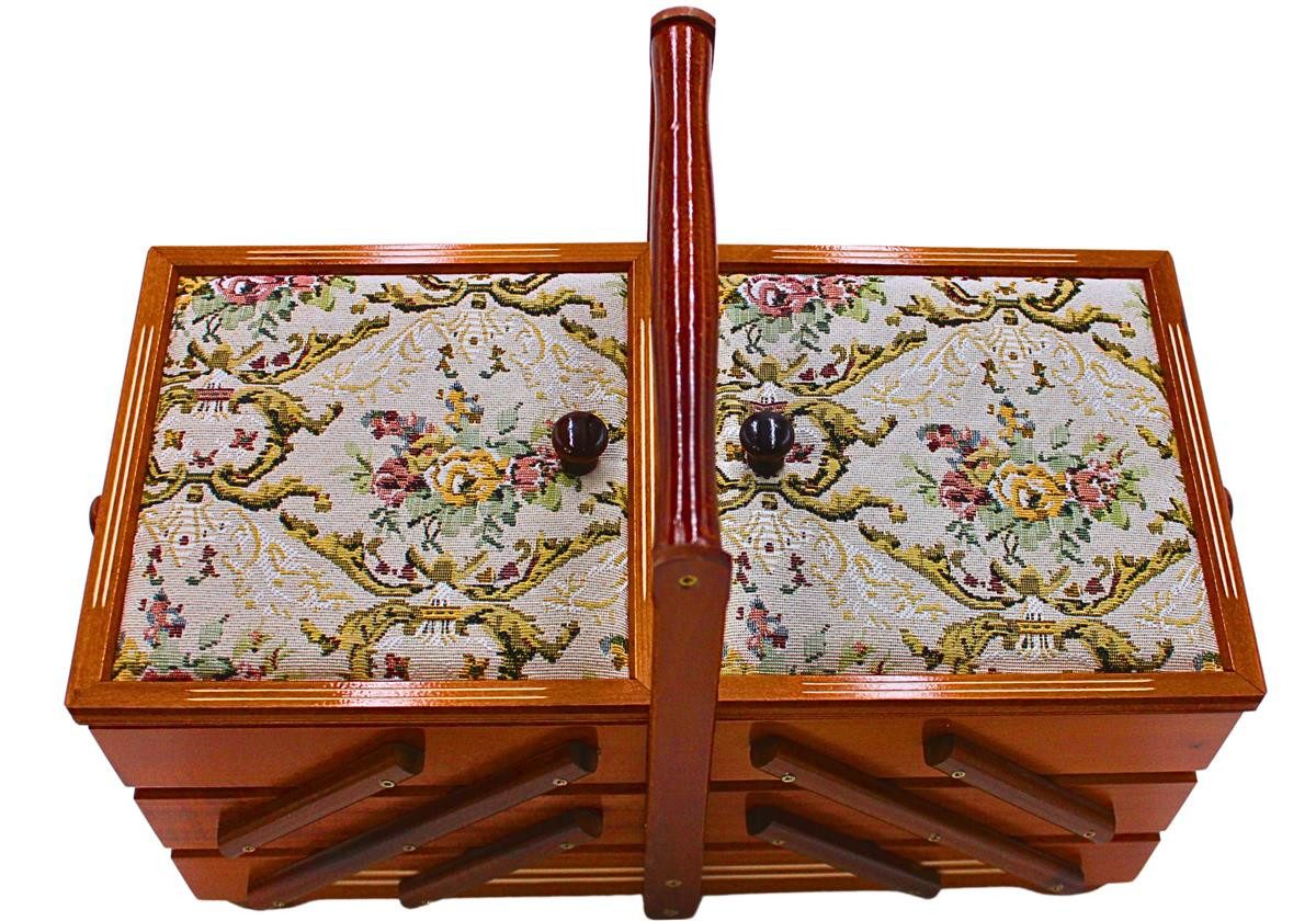 Dekohelden24 Nähkorb Hochwertiger Nähkasten, Nähkästchen aus Furnierholz mit 7 Fächern und (1 St), und Stoffbezug Rosenmotiv in Mahagoni, L/B/H 42 x 20 x 21 cm  – Bild 2 von 5