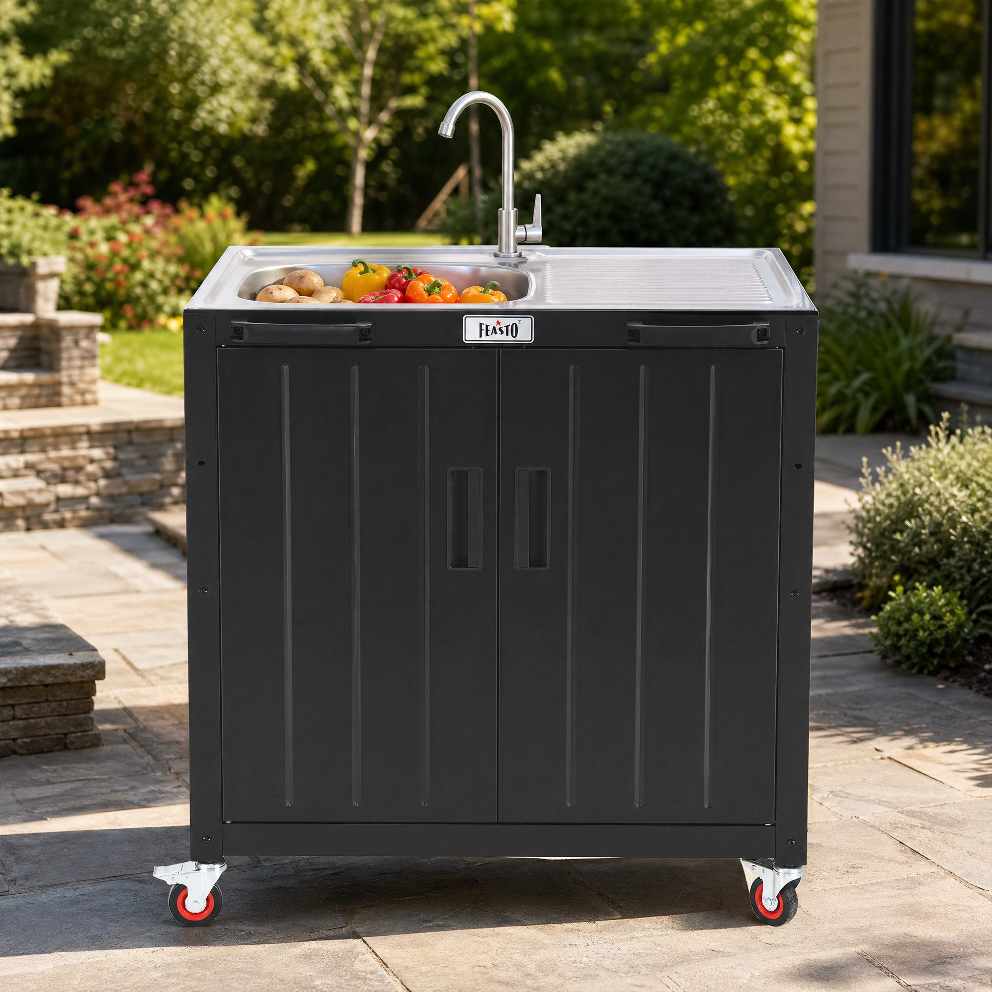 Feasto Servierwagen freistehender Grillwagen mit Edelstahl-Spülbecken, 89,5x65x120 cm, Mobiler Spülenschrank mit 360°-Lenkrollen für Garten & Terrasse