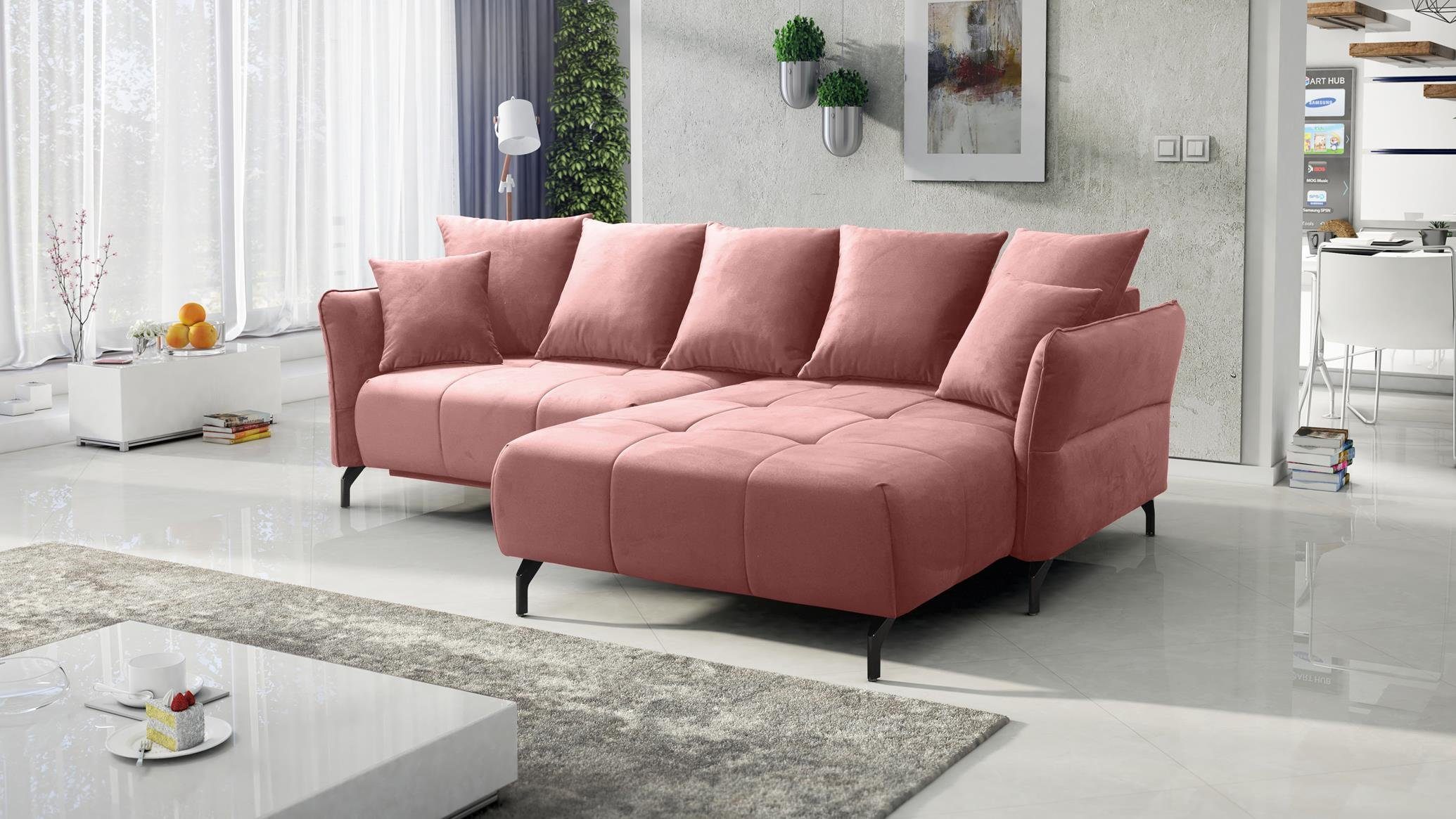 Furnix Ecksofa KAIROSS Sofa mit Schlaffunktion Auswahl, mit Bettkasten, ausziehbare Liegefläche: 133 x 234 cm Rosa EL10