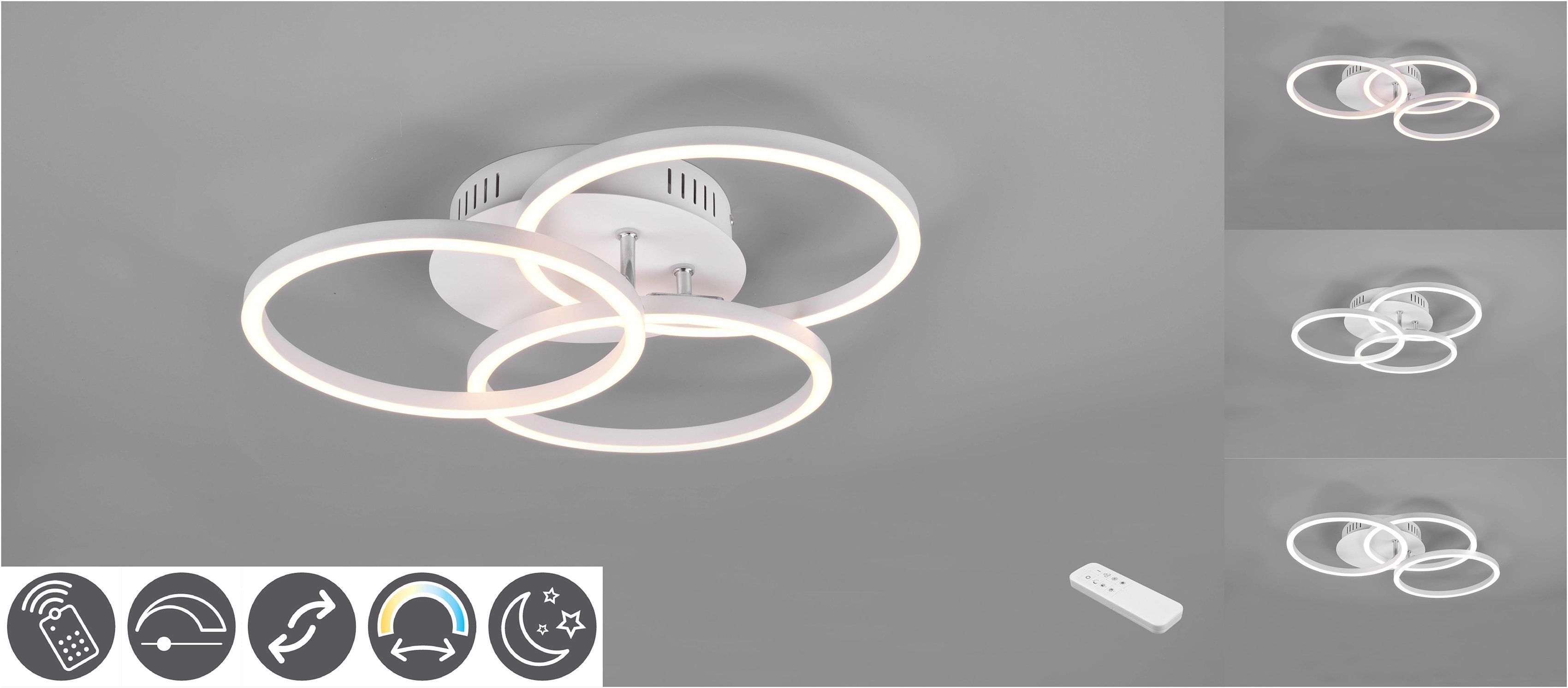 [Frühbucher-Sonderpreis] TRIO Leuchten LED Deckenleuchte Fernbedienung / - schwenkbaren Ringen Circle, mit Nachtlichtfunktion, kaltweiß, integriert, Memoryfunktion, warmweiß fest Deckenlampe weiß inkl. matt LED