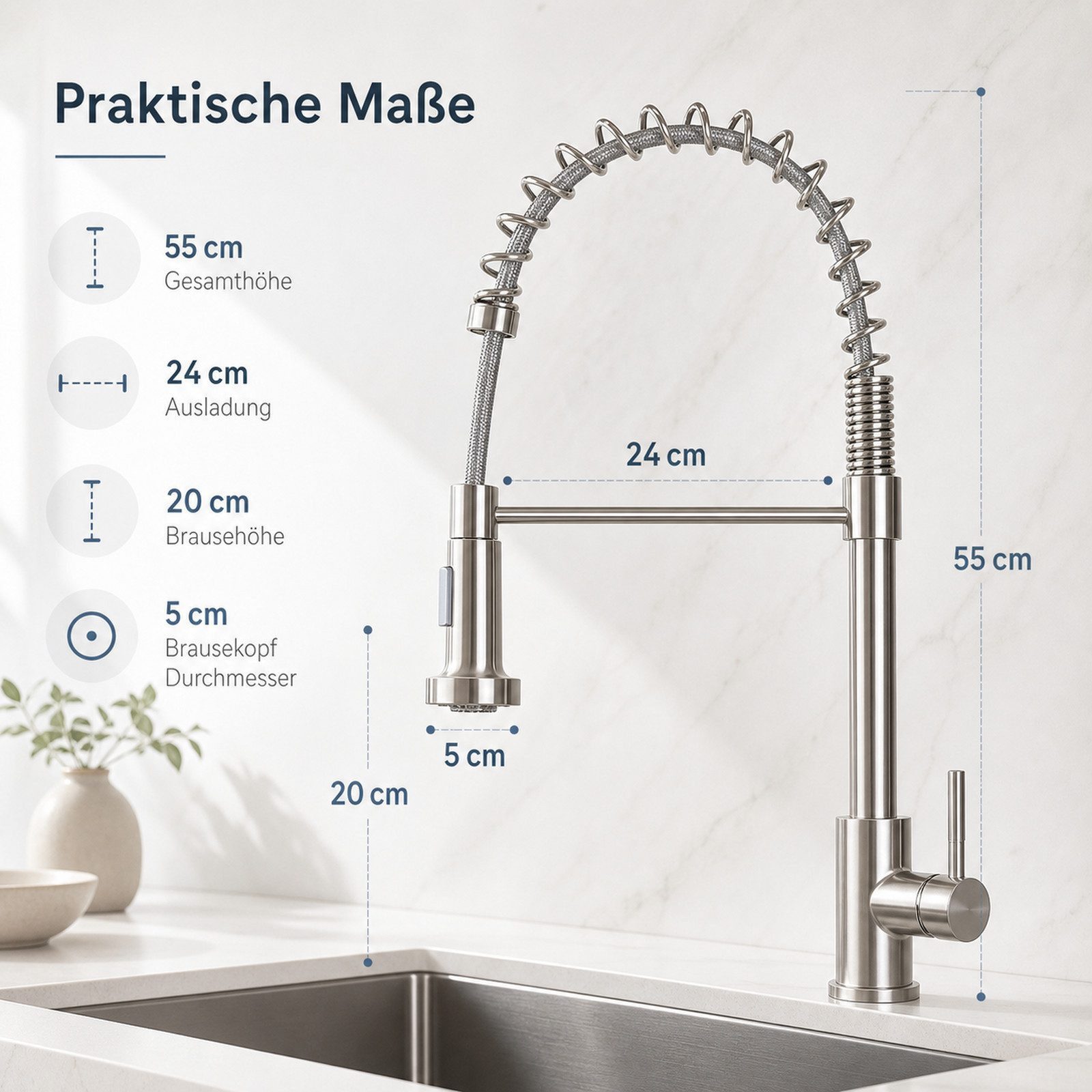 Ledklang Spültischarmatur Edelstahl 360° drehbar Ausziehbarer Brause 2 Strahlarten Küchenarmatur (1-St) für Einhebelmischer Mischbatterie Wasserhahn Küche – Bild 4 von 5