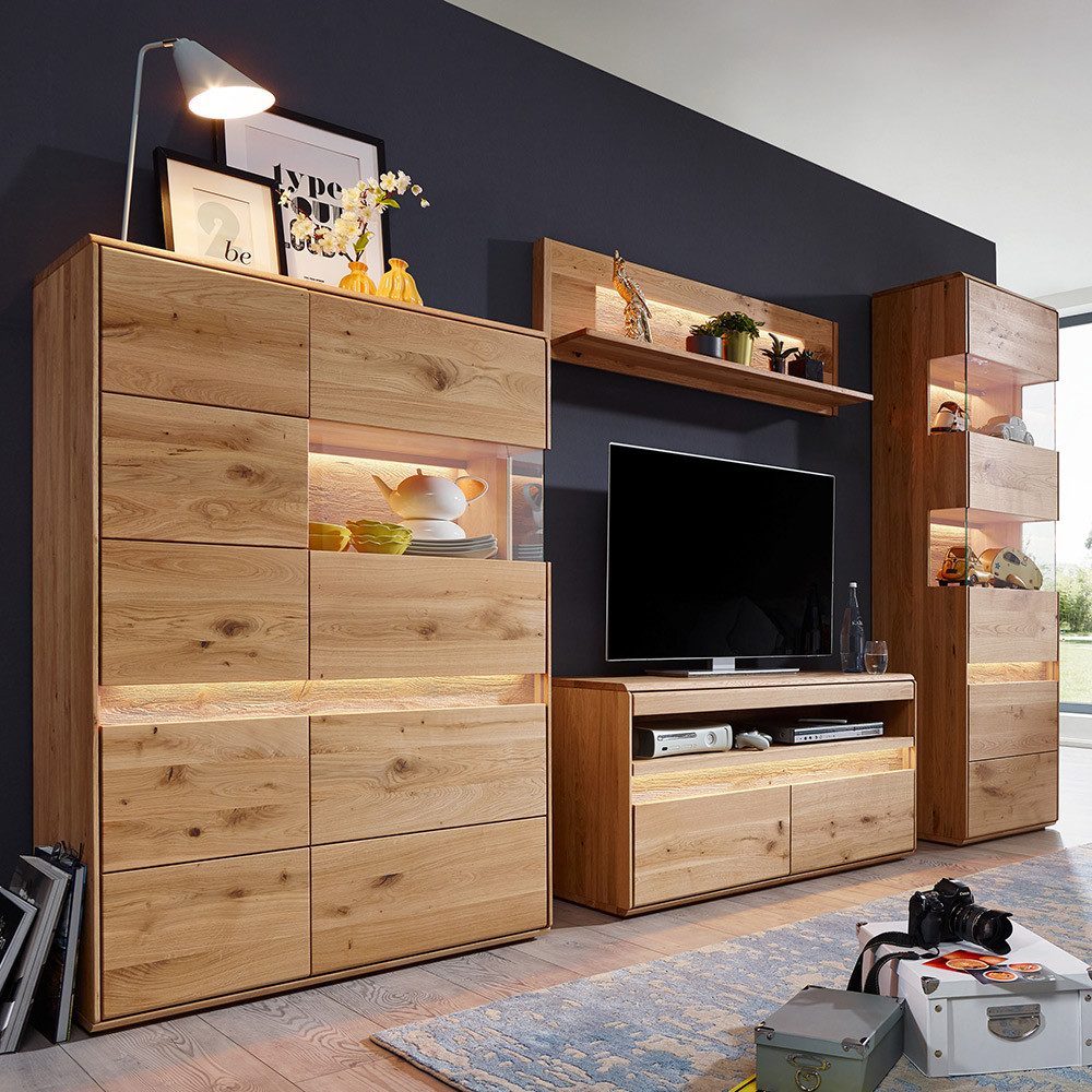 Lomadox Wohnzimmer-Set WELLAND-69, (Mega-Spar-Set, 4-St., Highboard Lowboard Vitrine), in Eiche massiv geölt inkl. Beleuchtung, montiert