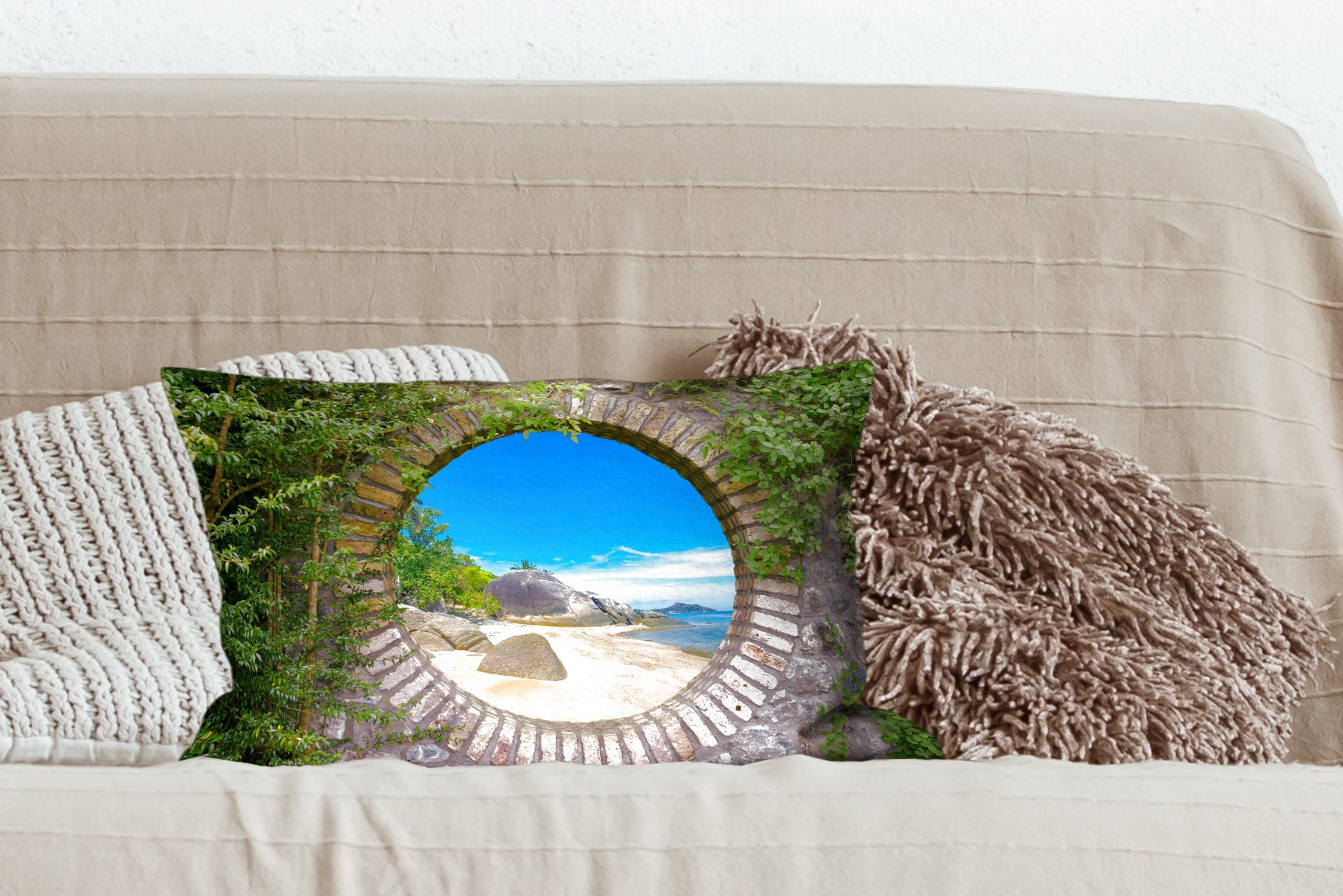 Schlafzimmer mit Aussicht Dekoration, - Tropisch, Sommer Zierkissen, Wohzimmer - MuchoWow Dekokissen Strand Füllung, Dekokissen -