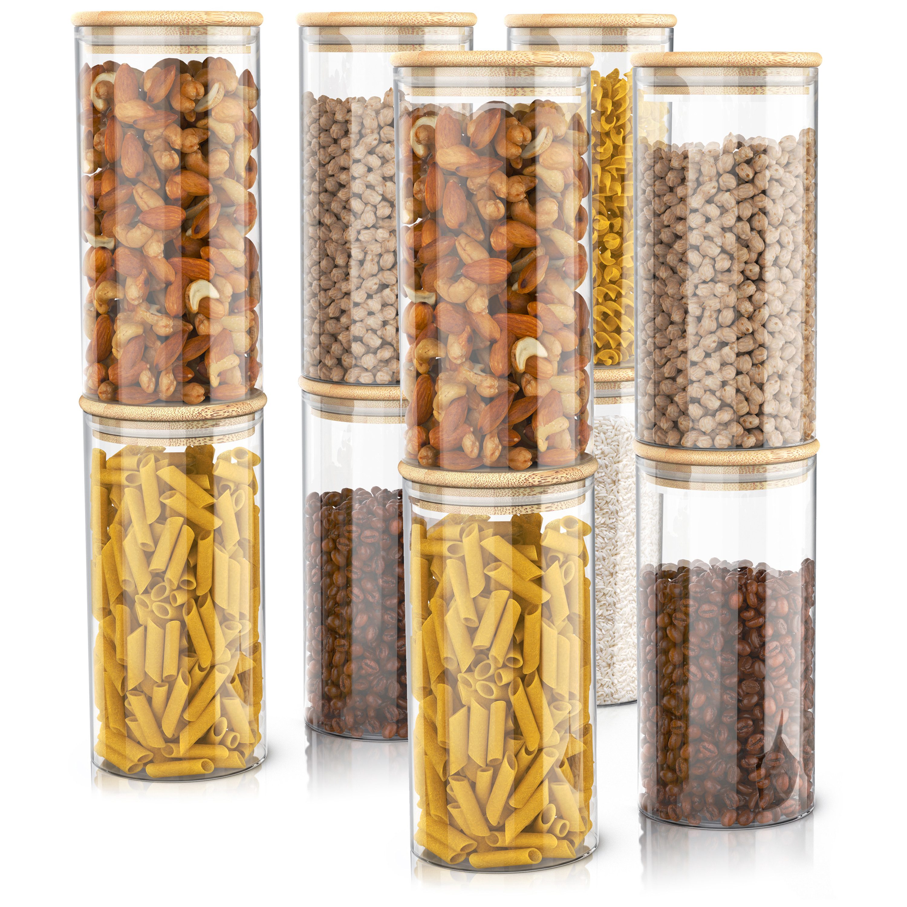 Arendo Aufbewahrungsbecher Glasbehälter-Set 10x 1,5 L Borosilikatglas mit Bambusdeckel, luftdicht, Borosilikatglas, Bambus, Silikon, …