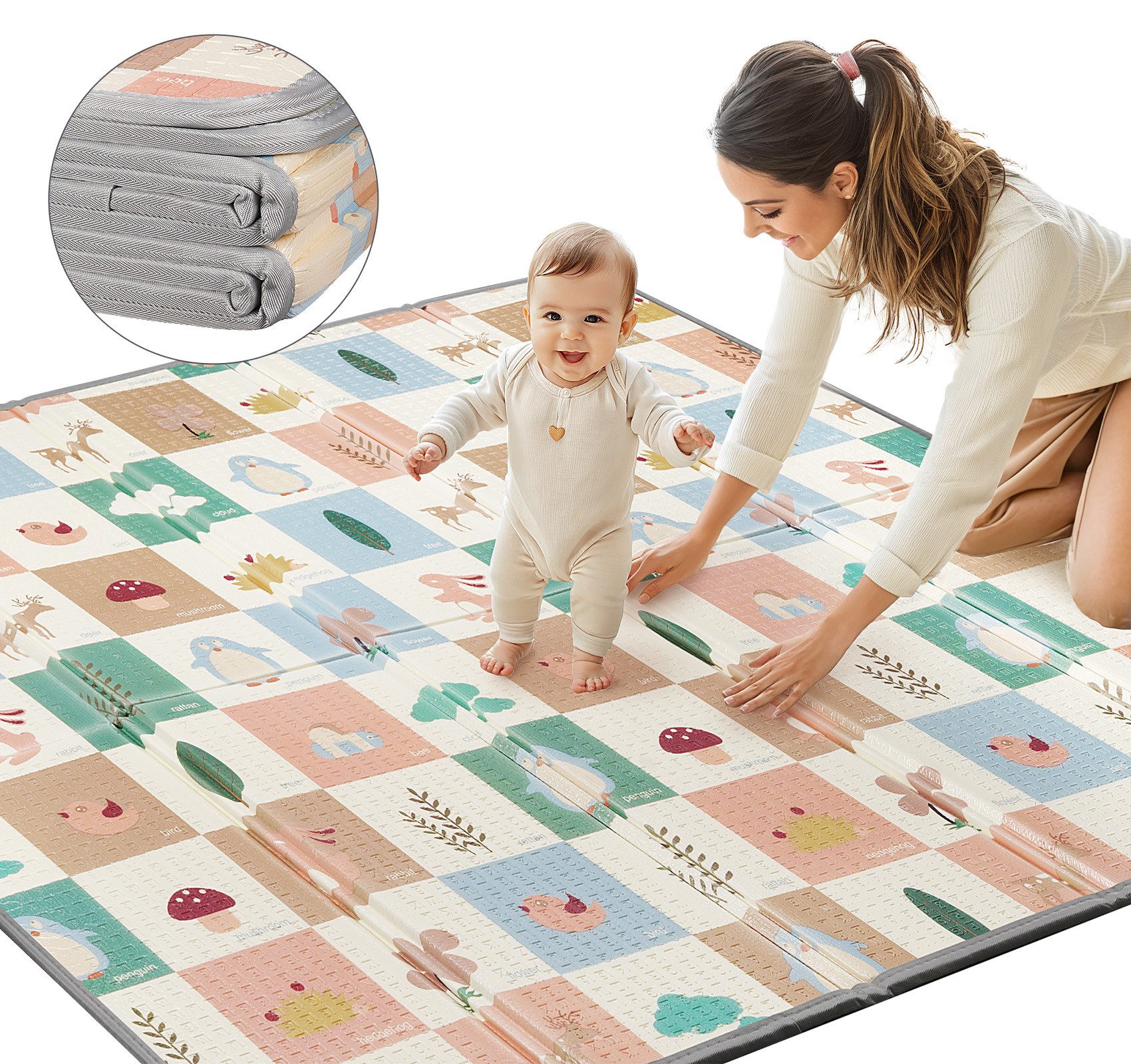 lindahandel Spielmatte Baby Krabbelmatte 200x180*1.5cm – faltbar, wasserdicht, doppelseitig, Weiche Spielmatte für Babys und Kinder mit Lernmuster & Tragetasche
