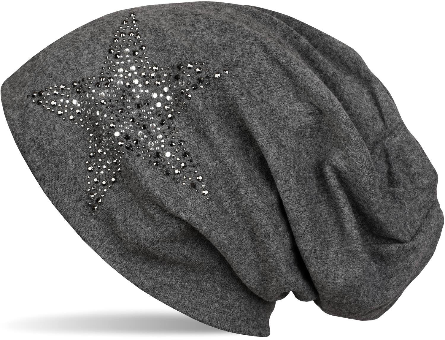 styleBREAKER Beanie (1-St) Beanie Mütze mit Strass Nieten Stern Dunkelgrau meliert