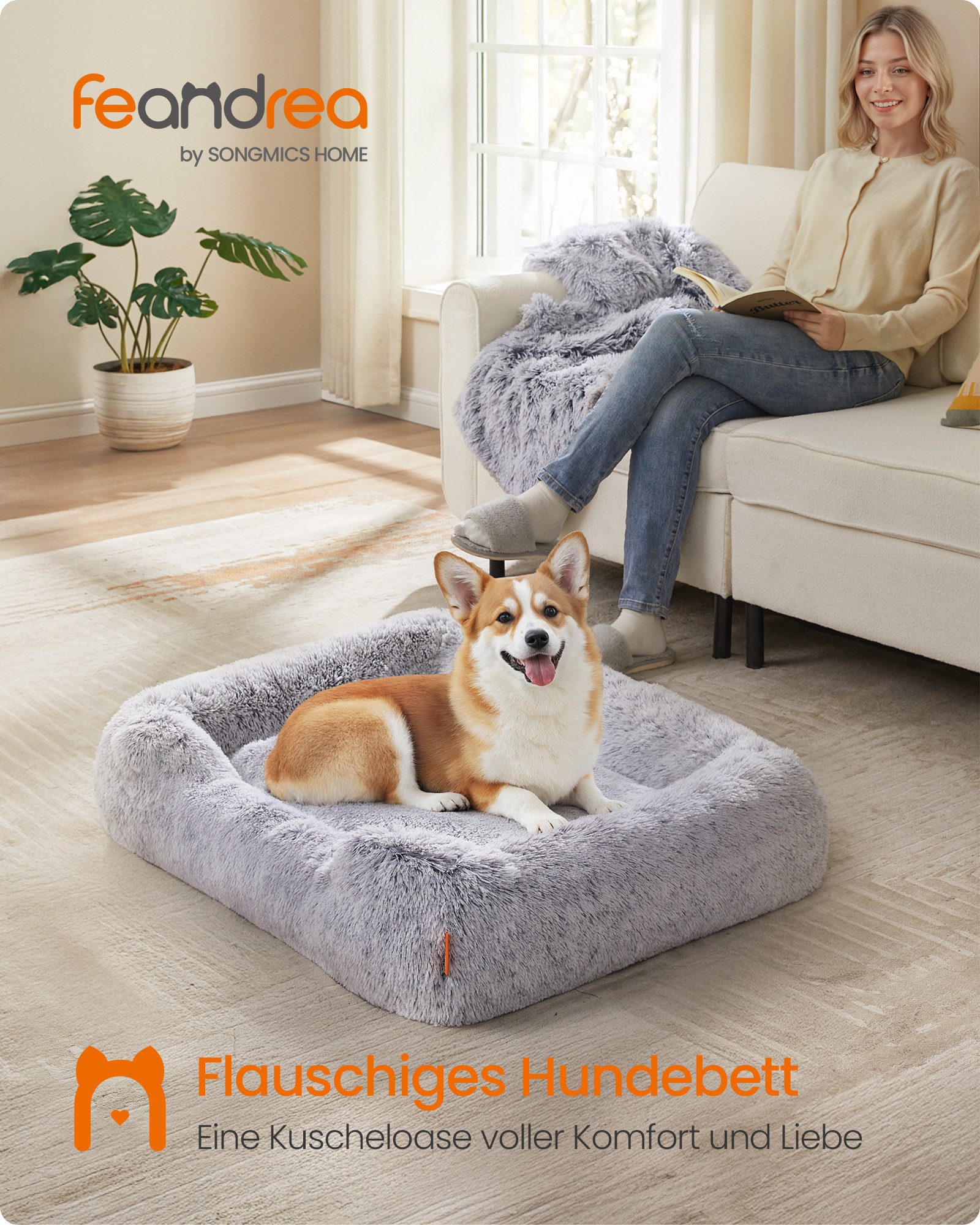 FEANDREA Tierbett Hundebett, Hundekissen, Hundekorb, Hundesofa, rutschfest, Ombré-Grau, weiche Polsterung, 91 x 68 x 18 cm, erhöhte Ränder, Bezug abnehmbar und maschinenwaschbar