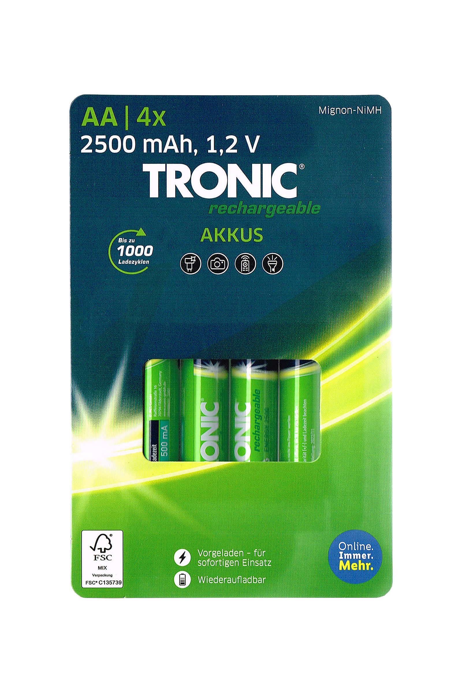 Tronic Tronic Akku Ni-MH 4 Stück, bis zu 1000x Wiederaufladbar AA Akku Mignon AA 2500 mAh (1,2 V, 4 St), vorgeladen, schnellladefähig, geringe Selbstentladung