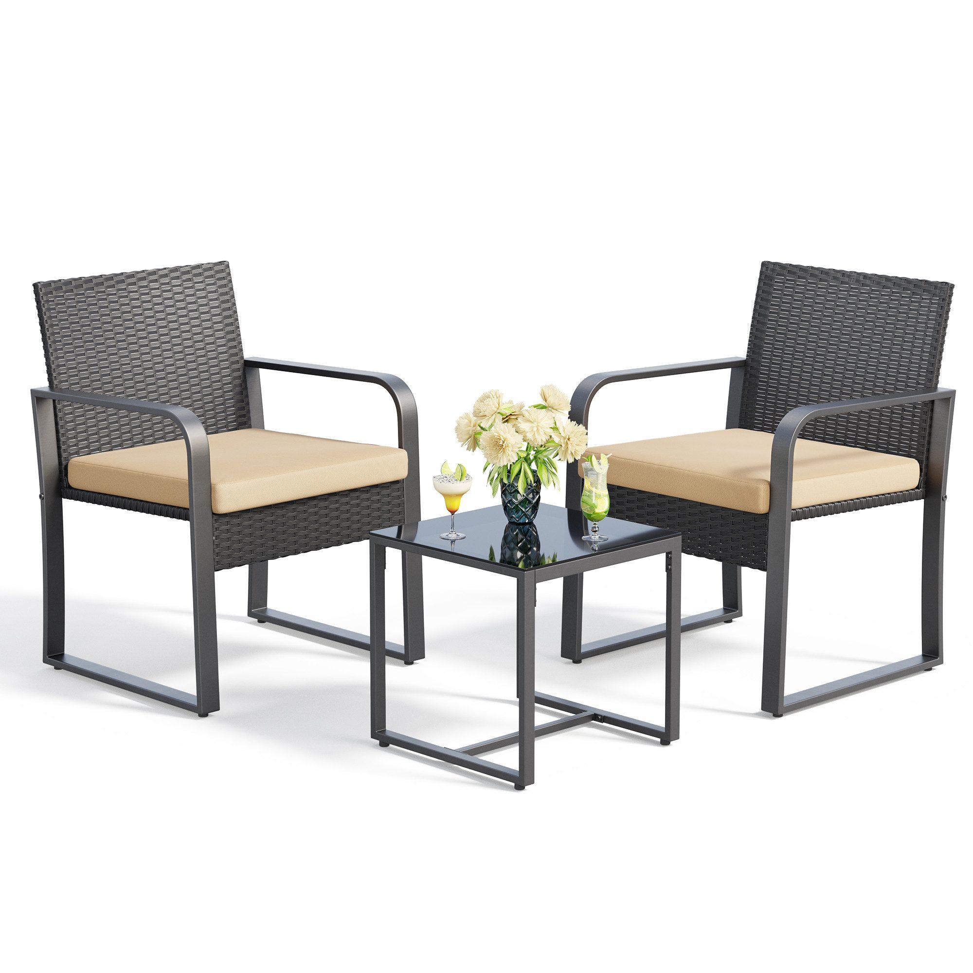 Blishom Balkonset 3-tlg. Garten-Sitzgruppe 2 Gartensessel Glas-Beistelltisch, 2 Gartensessel mit abnehmbaren Sitzkissen wetterfest