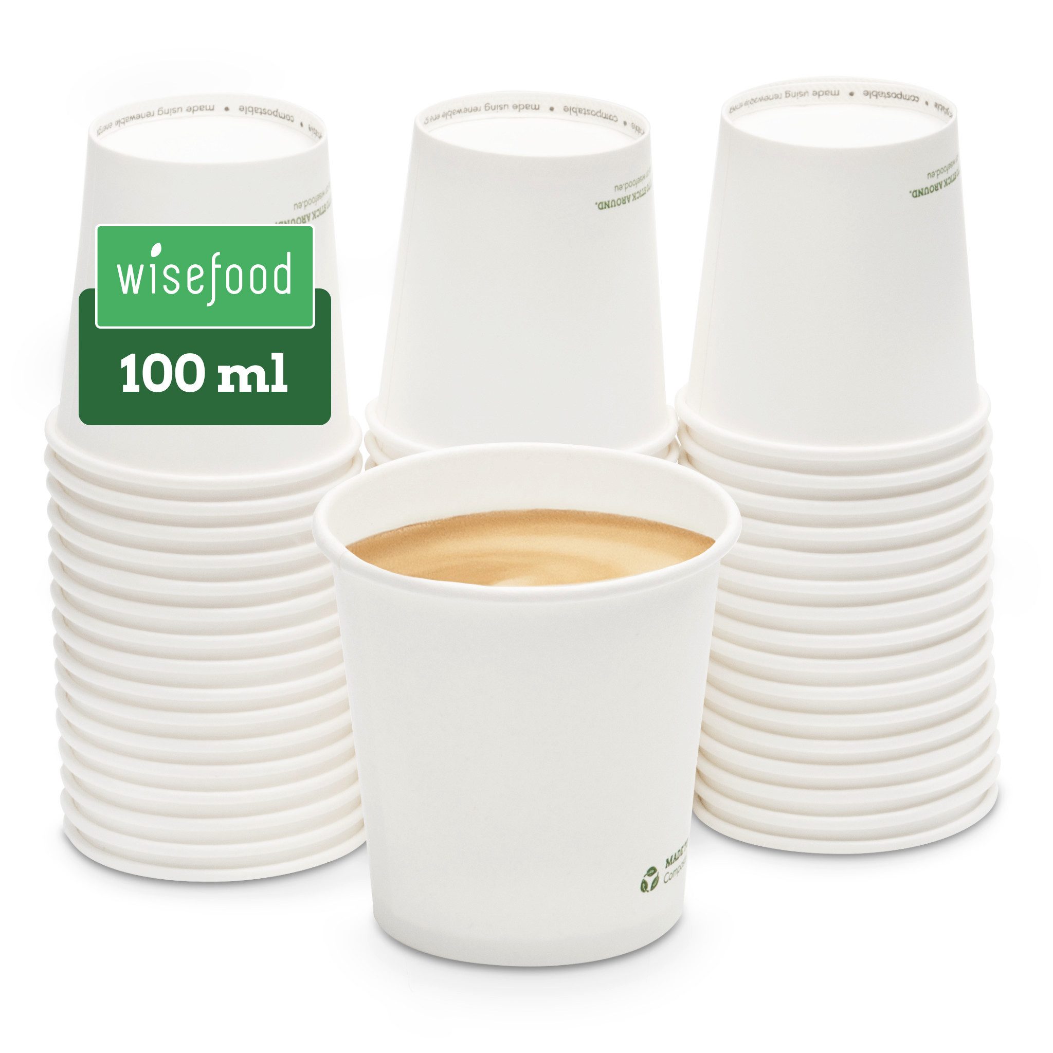 wisefood Einwegbecher 50-tlg., Bio-Pappbecher, 100 ml, kompostierbar, einwandig, weiß, 50-tlg., Papier